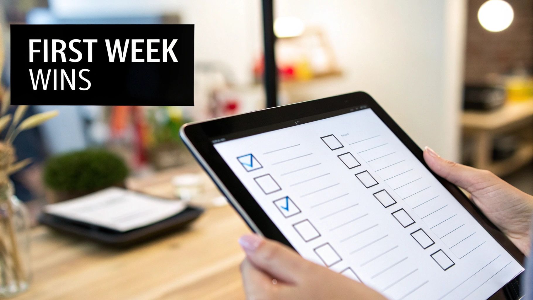 A person holds a tablet displaying a digital checklist, with 'FIRST WEEK WINS' text overlay.