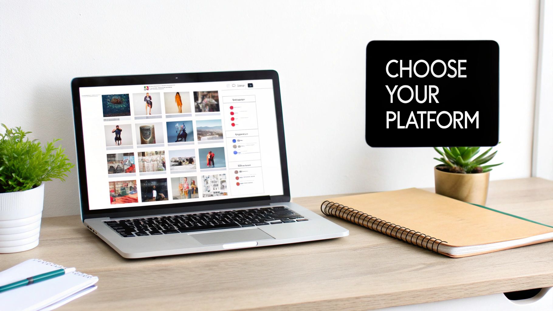 A laptop displaying a photo gallery on a wooden desk with a 'CHOOSE YOUR PLATFORM' sign.
