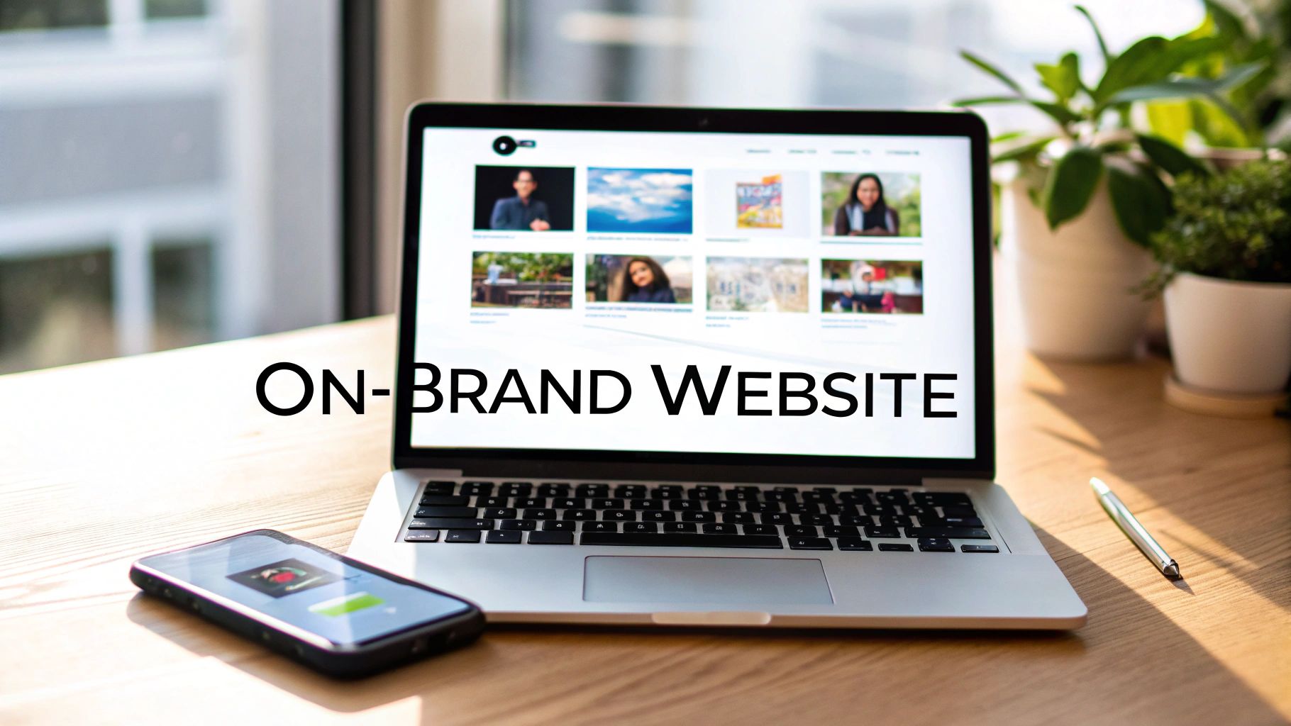 A laptop displaying an on-brand website, a smartphone, and a pen on a wooden desk with plants in the background.