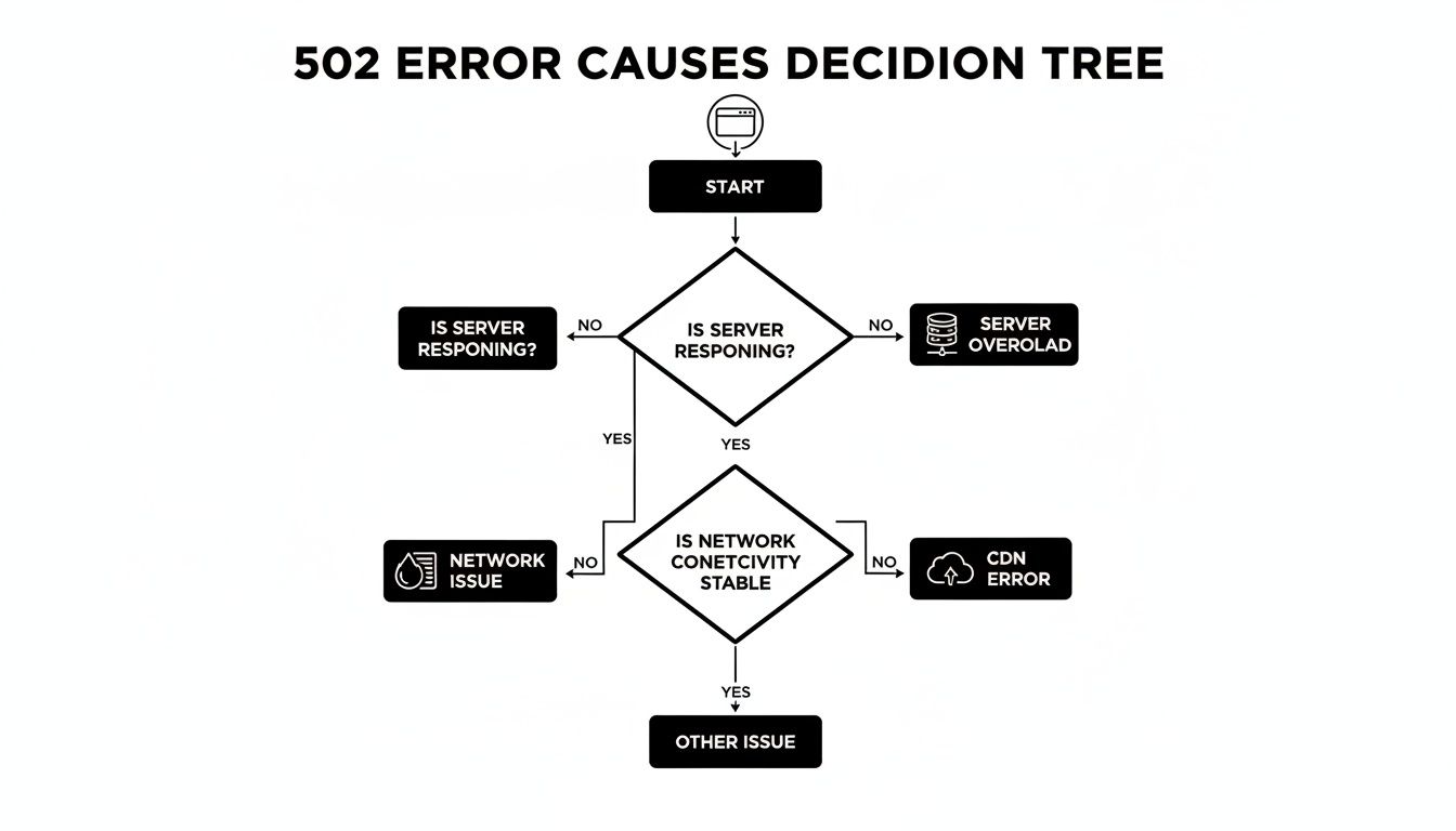 A decision tree flowchart illustrating troubleshooting steps and common causes for a 502 error.