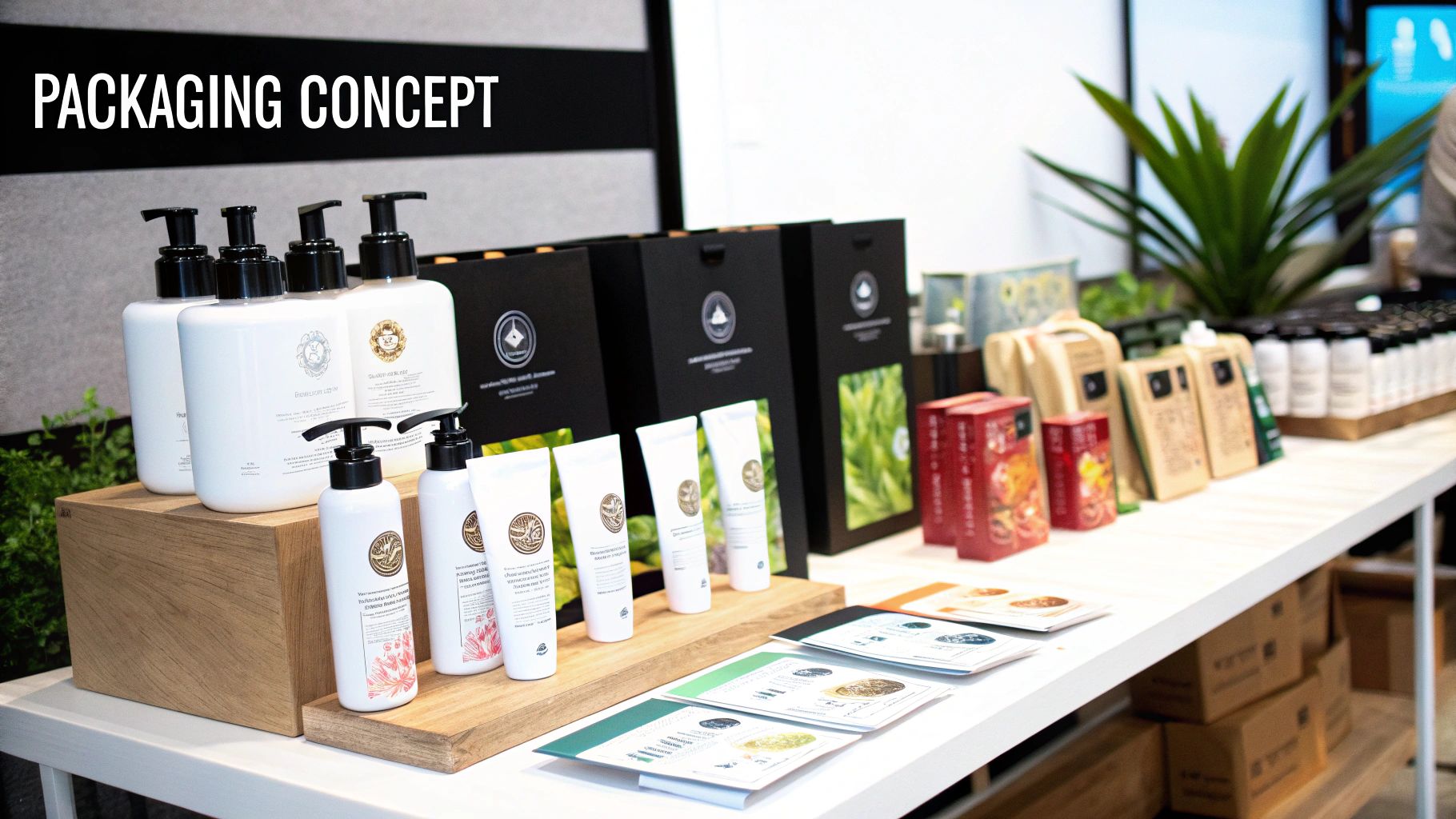 Display of packaged skincare products on a table, featuring bottles, tubes, and boxes. "PACKAGING CONCEPT" text is visible. Bright, organized setting.