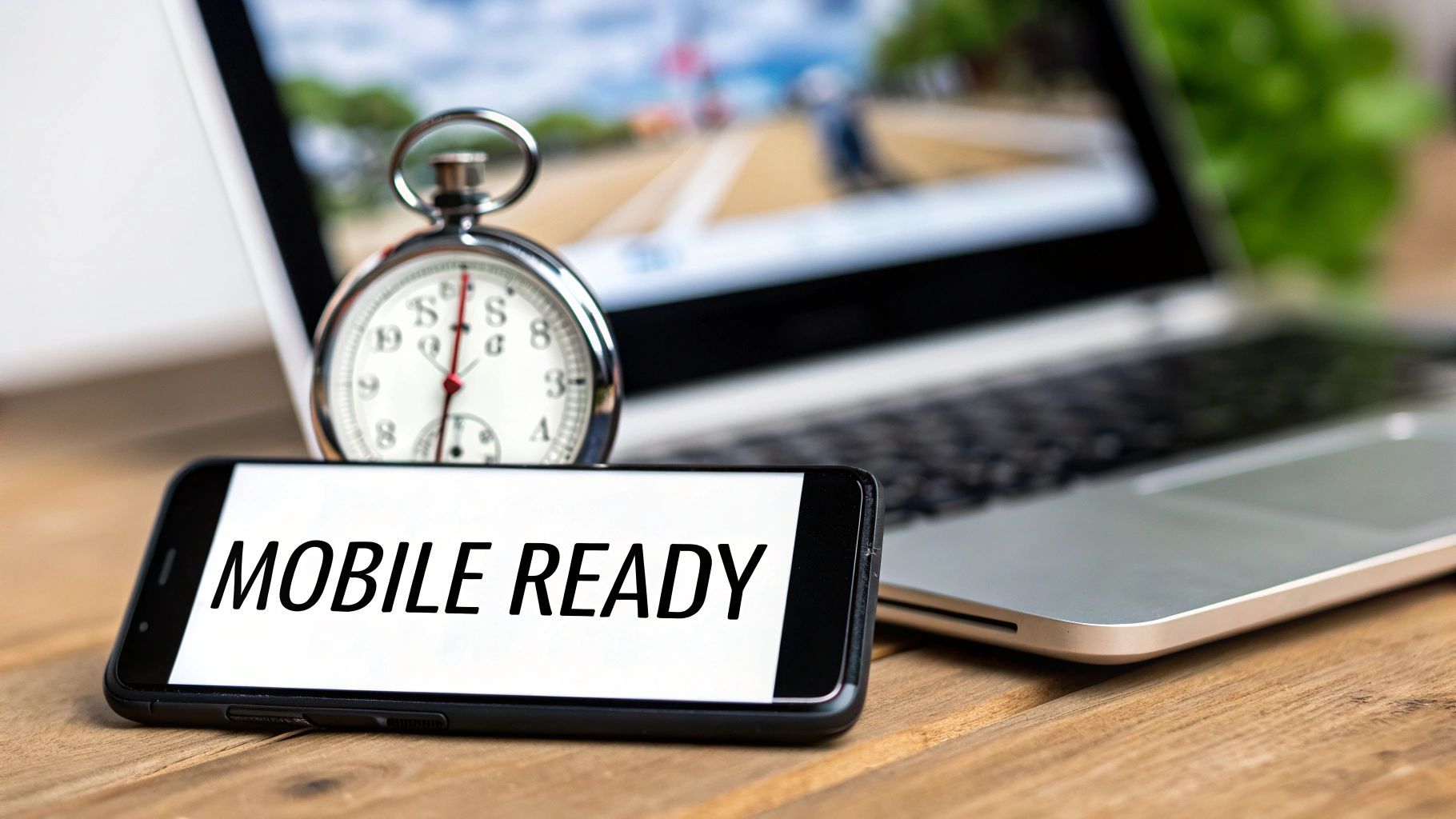 A smartphone displaying 'MOBILE READY' text, next to a stopwatch and a laptop on a wooden desk.