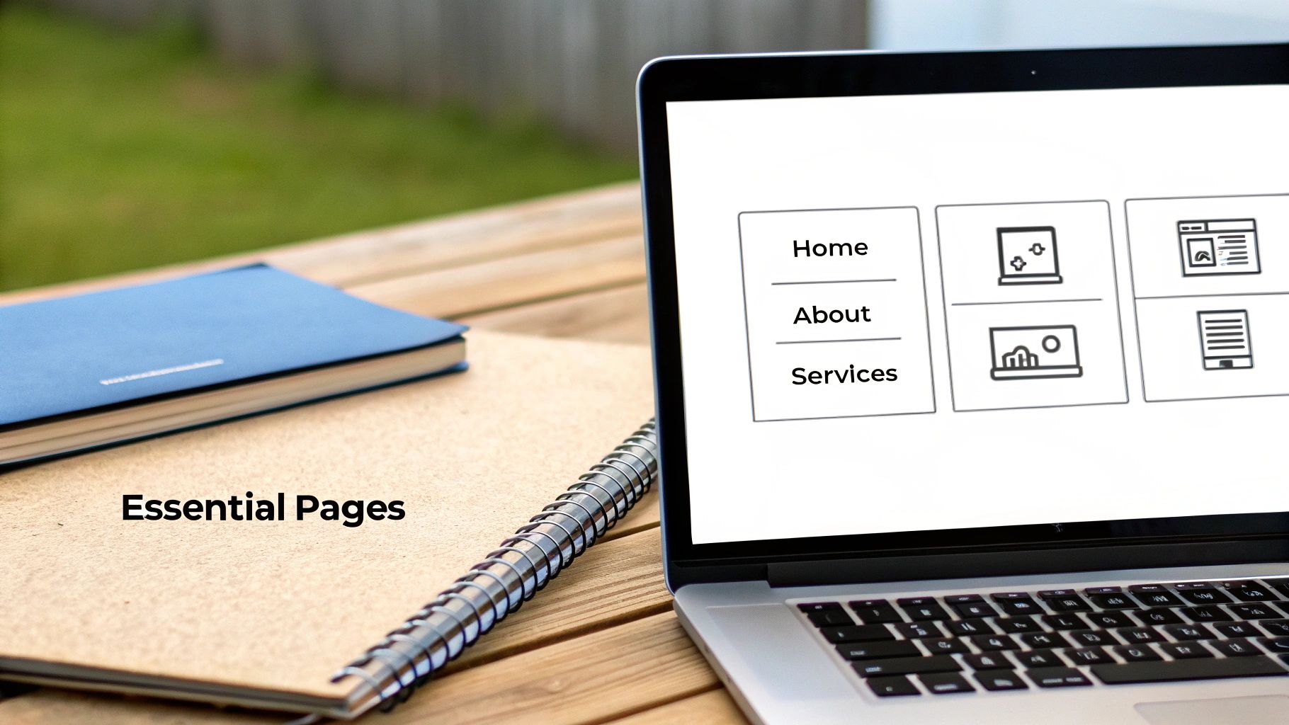 Laptop displaying a clean website layout with navigation menu and icons, alongside notebooks on a wooden table.
