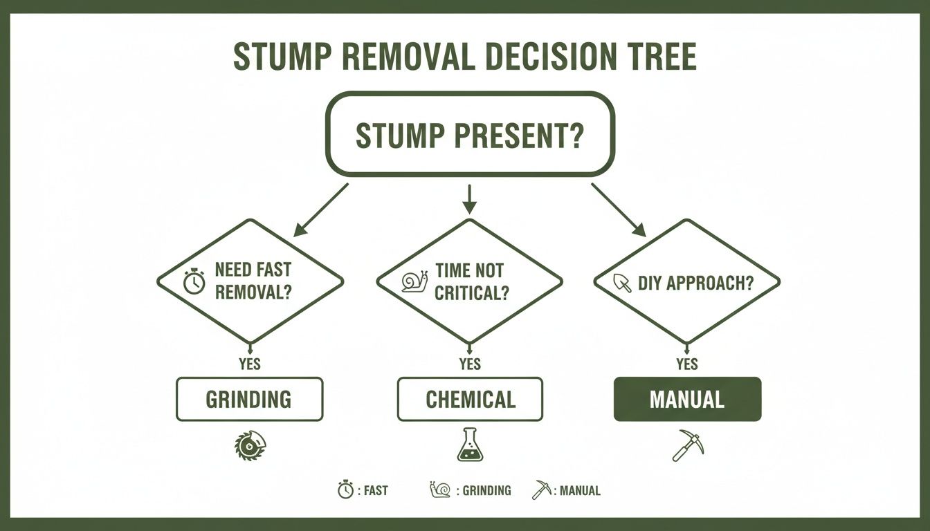 A decision tree illustrating methods for removing tree stumps based on urgency and DIY approach.