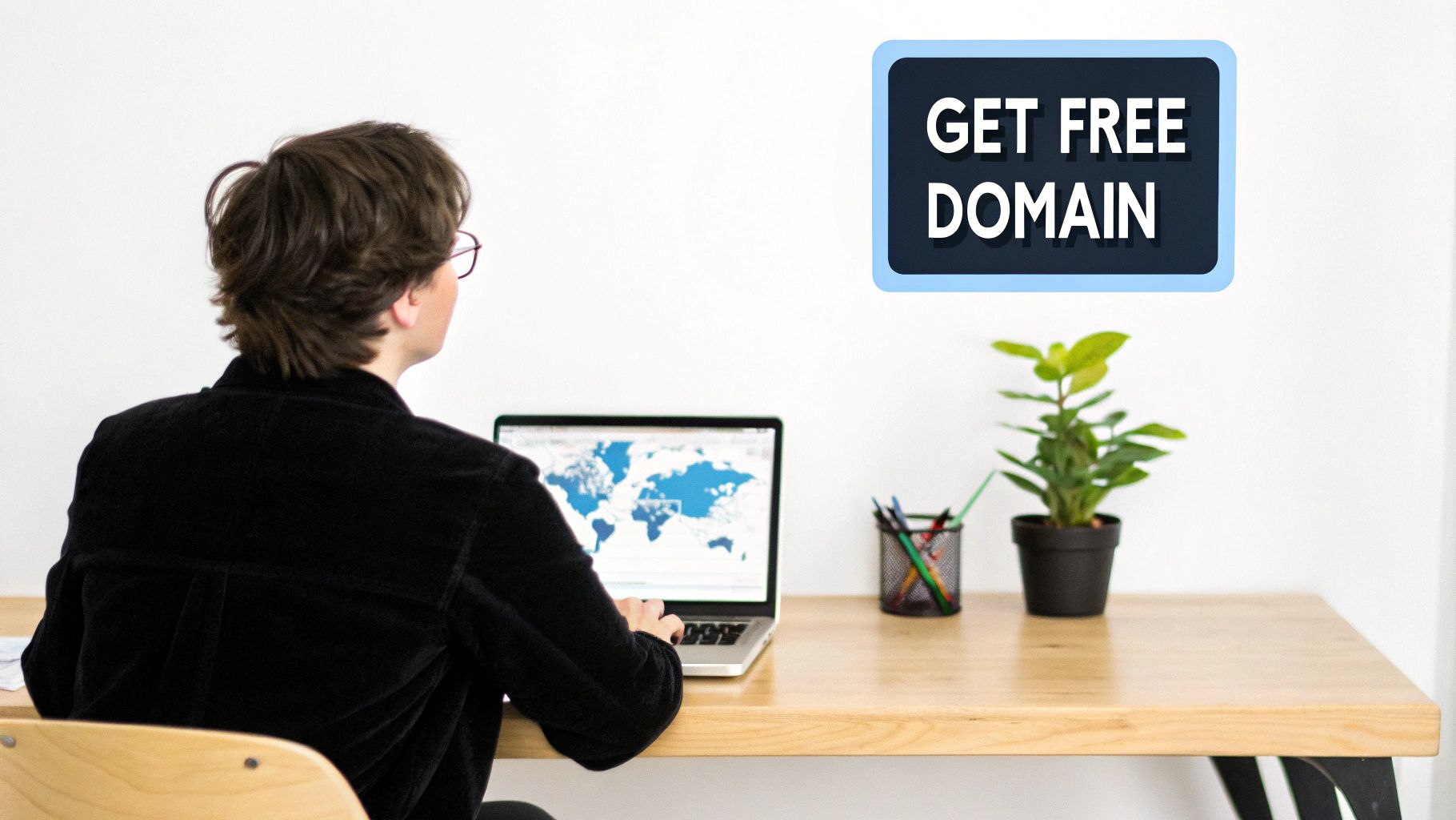 Woman planning her website on a laptop and notepad, illustrating the first step to getting a free domain name.