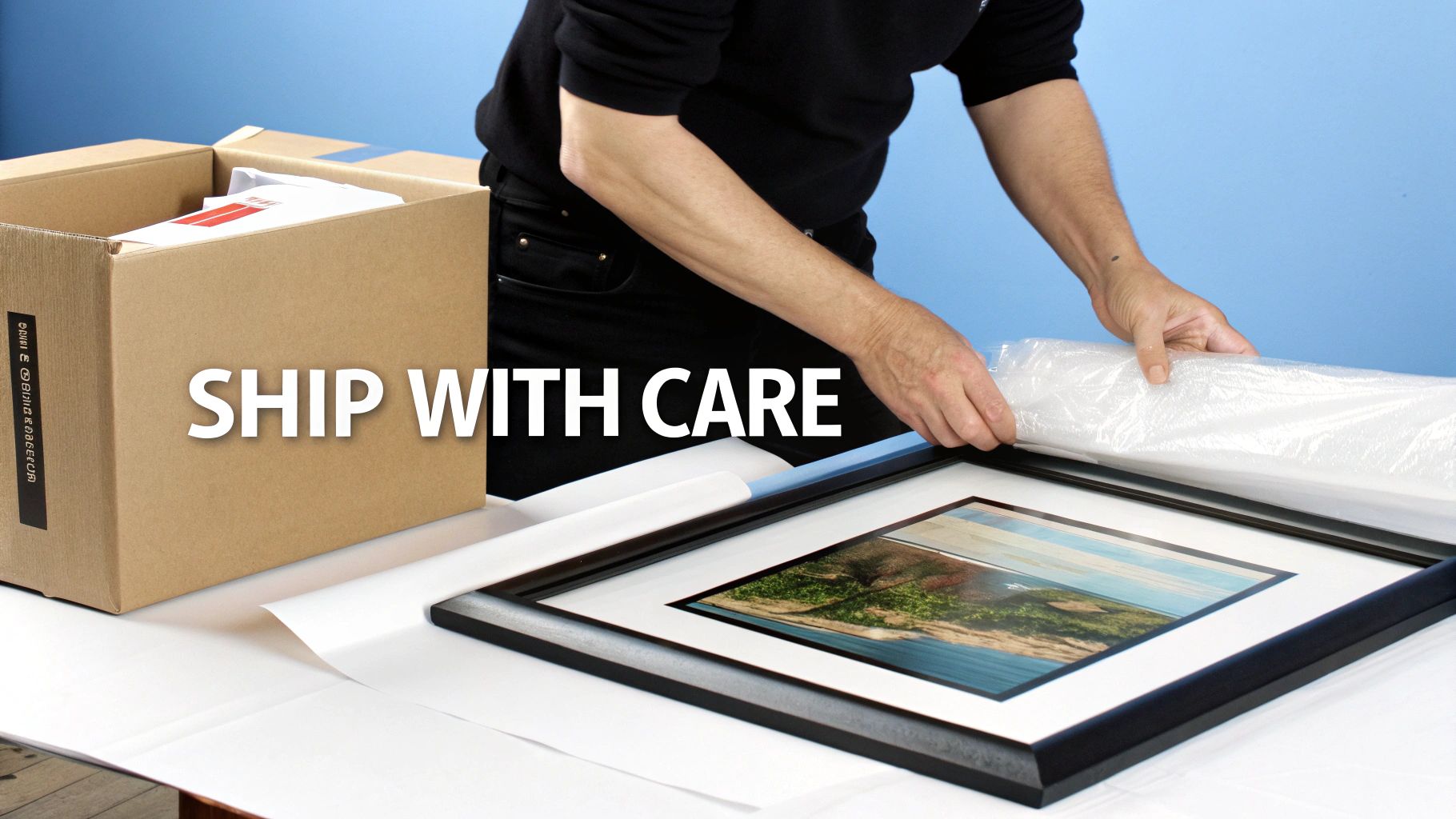 A person's hands carefully wrapping a piece of artwork in brown paper on a wooden table, preparing it for shipping.