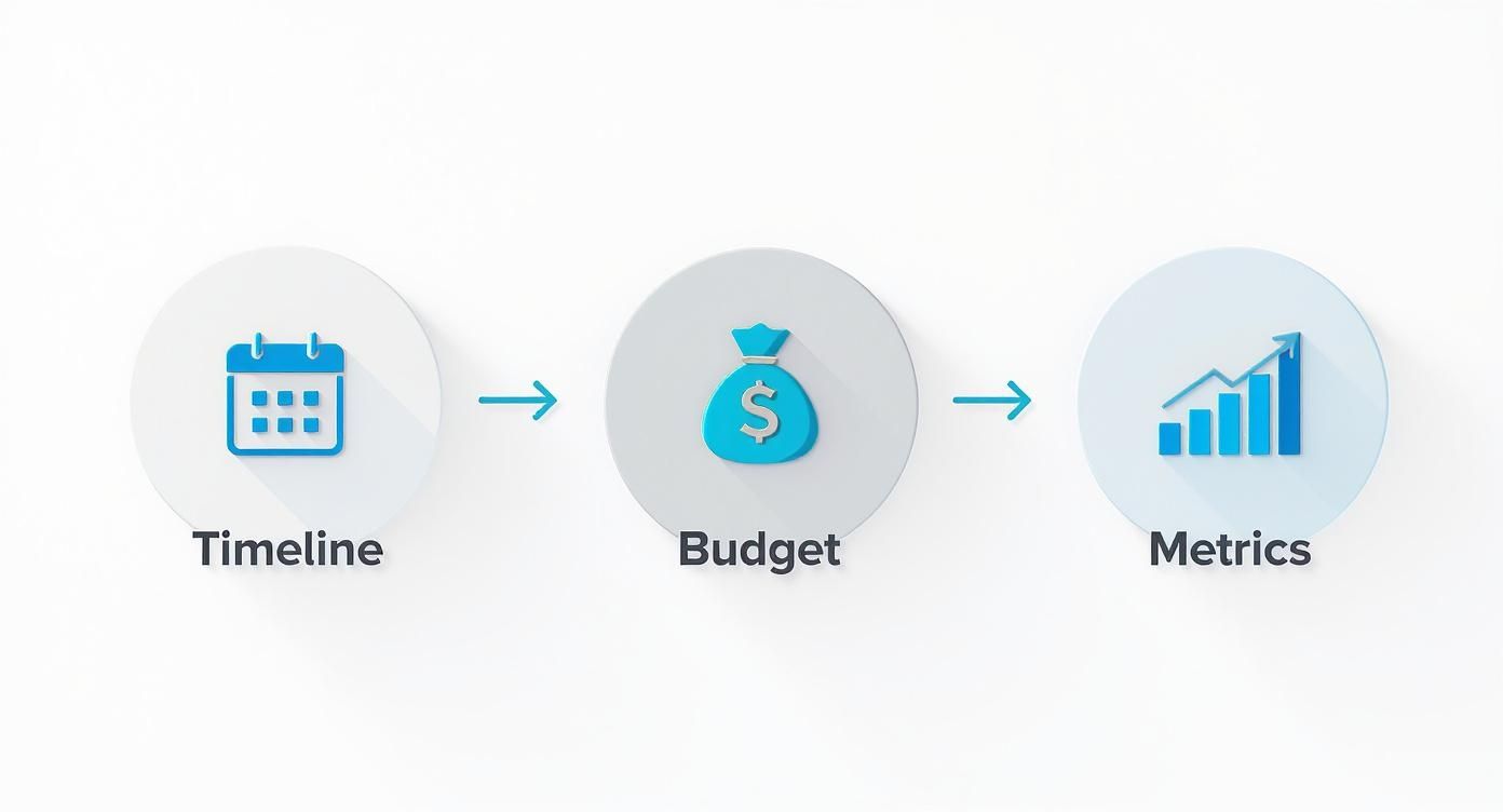 A visual diagram showing a business workflow: timeline (calendar), budget (money bag), and metrics (bar chart) icons with connecting arrows.