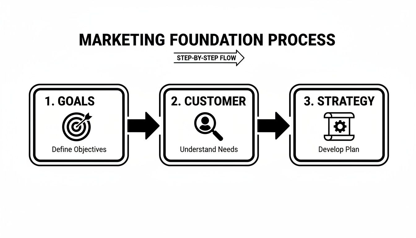 A step-by-step marketing foundation process outlining goals, customer understanding, and strategy development.