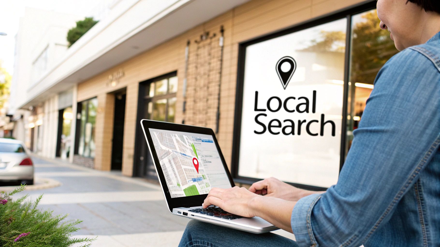 A person uses a laptop displaying a map with a location pin, reflecting local search marketing on a city street.