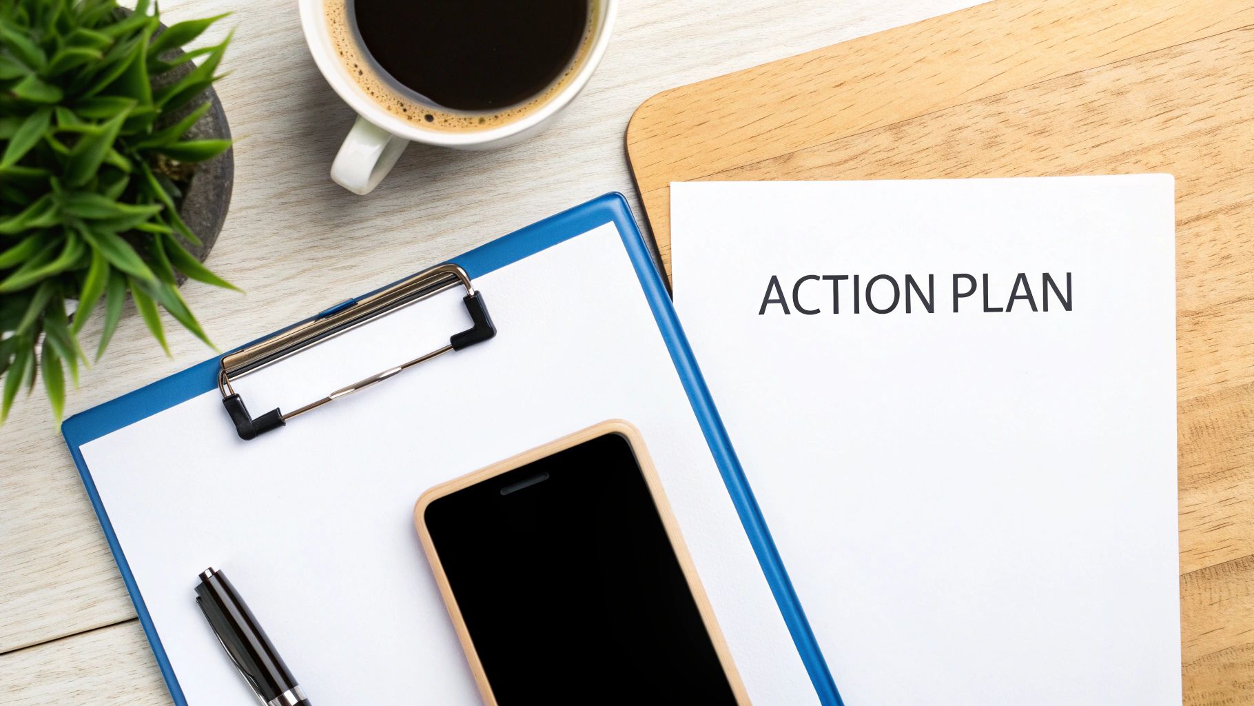 Overhead desk view with 'ACTION PLAN' document, coffee, clipboard, pen, smartphone, and green plant.