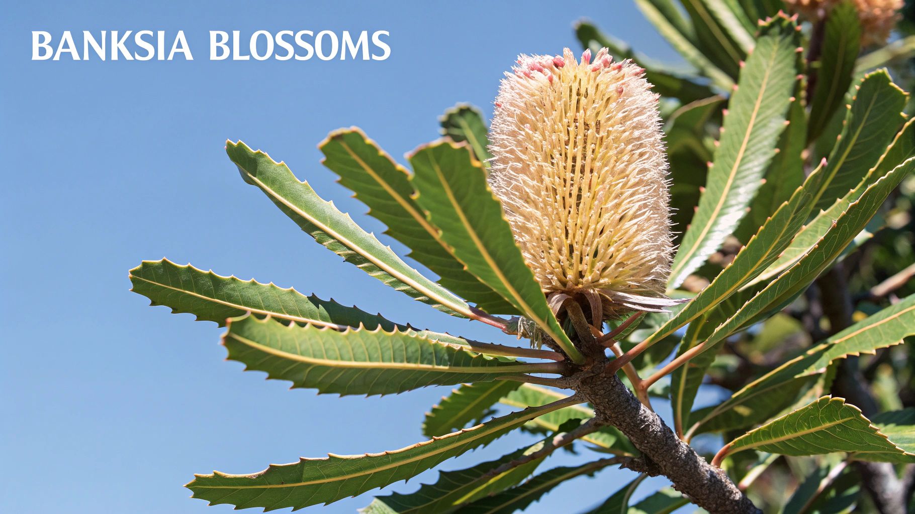 Banksia blossom close-up with green spiky leaves against a clear blue sky. Bold text reads "Banksia Blossoms" at the top left.