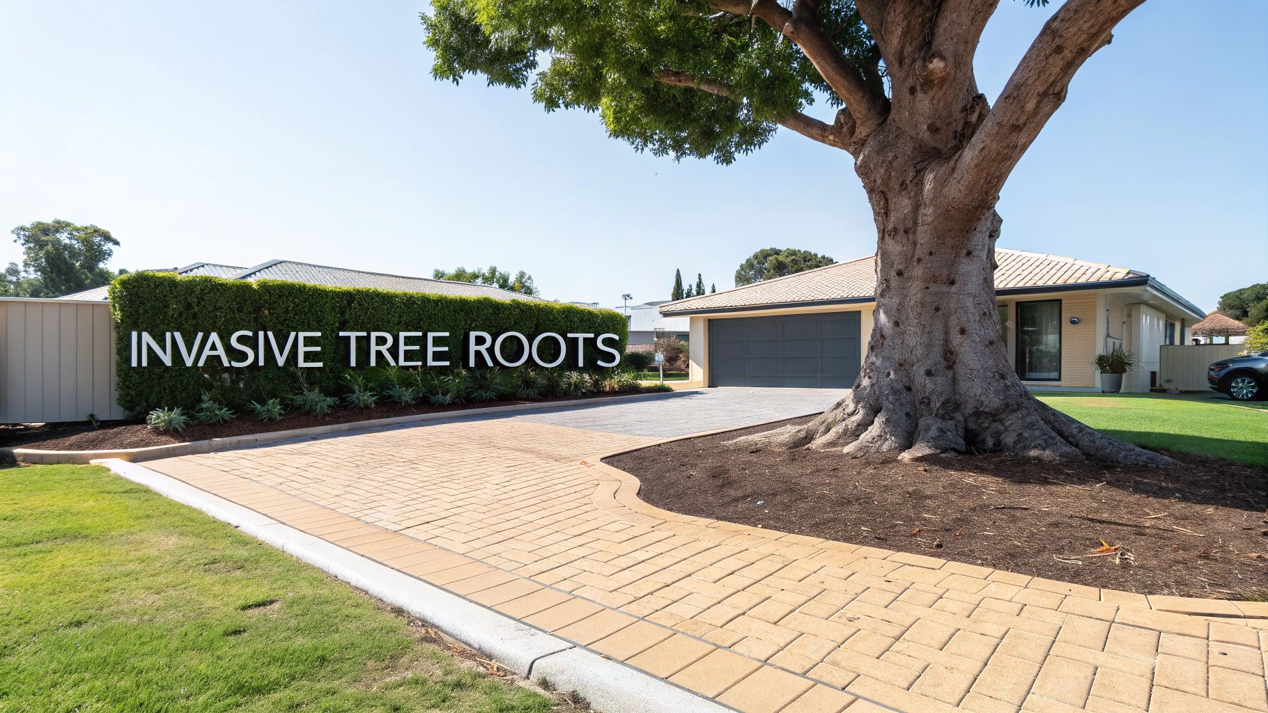 A large tree with exposed roots beside a paved driveway and a sign warning about 'INVASIVE TREE ROOTS'.