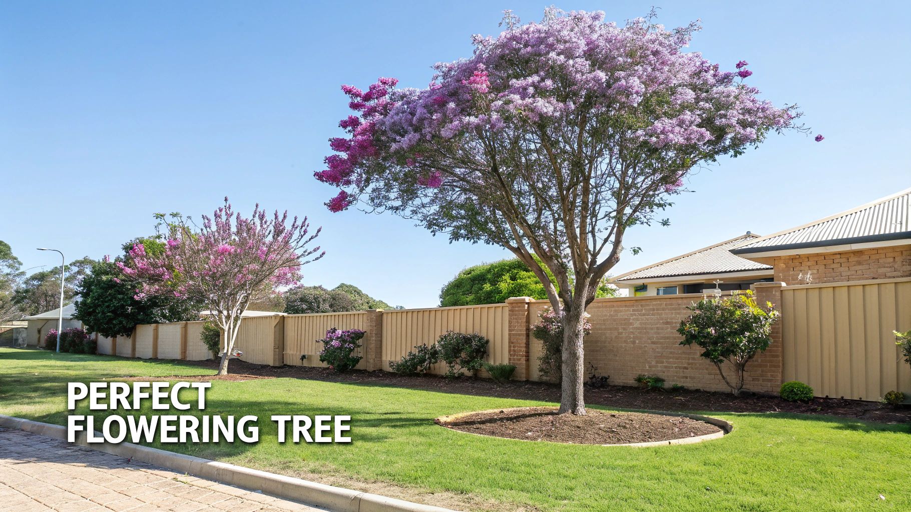 A beautiful front yard features two vibrant flowering trees with purple and pink blossoms, a green lawn, and a fence under a clear blue sky.