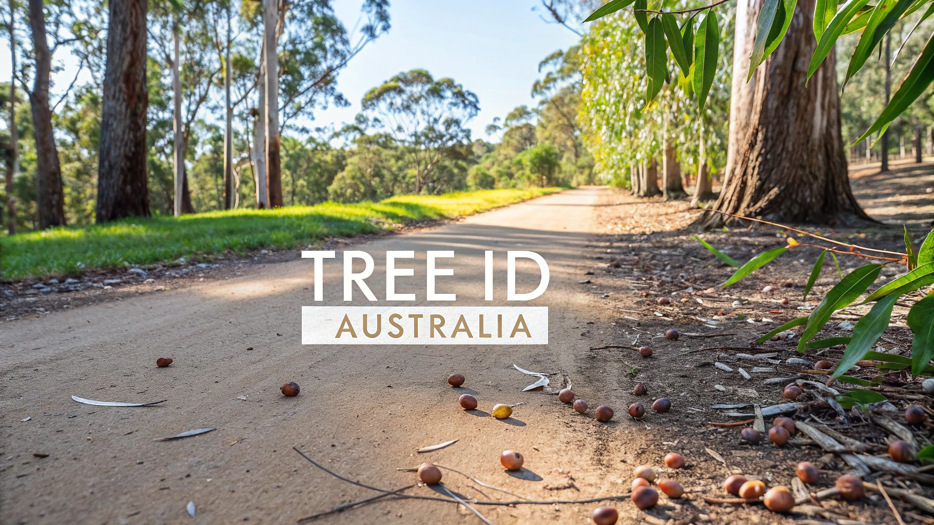 Dirt track winding through an Australian bushland forest with eucalyptus trees and scattered seed pods, featuring the ‘Tree ID Australia’ logo in the centre