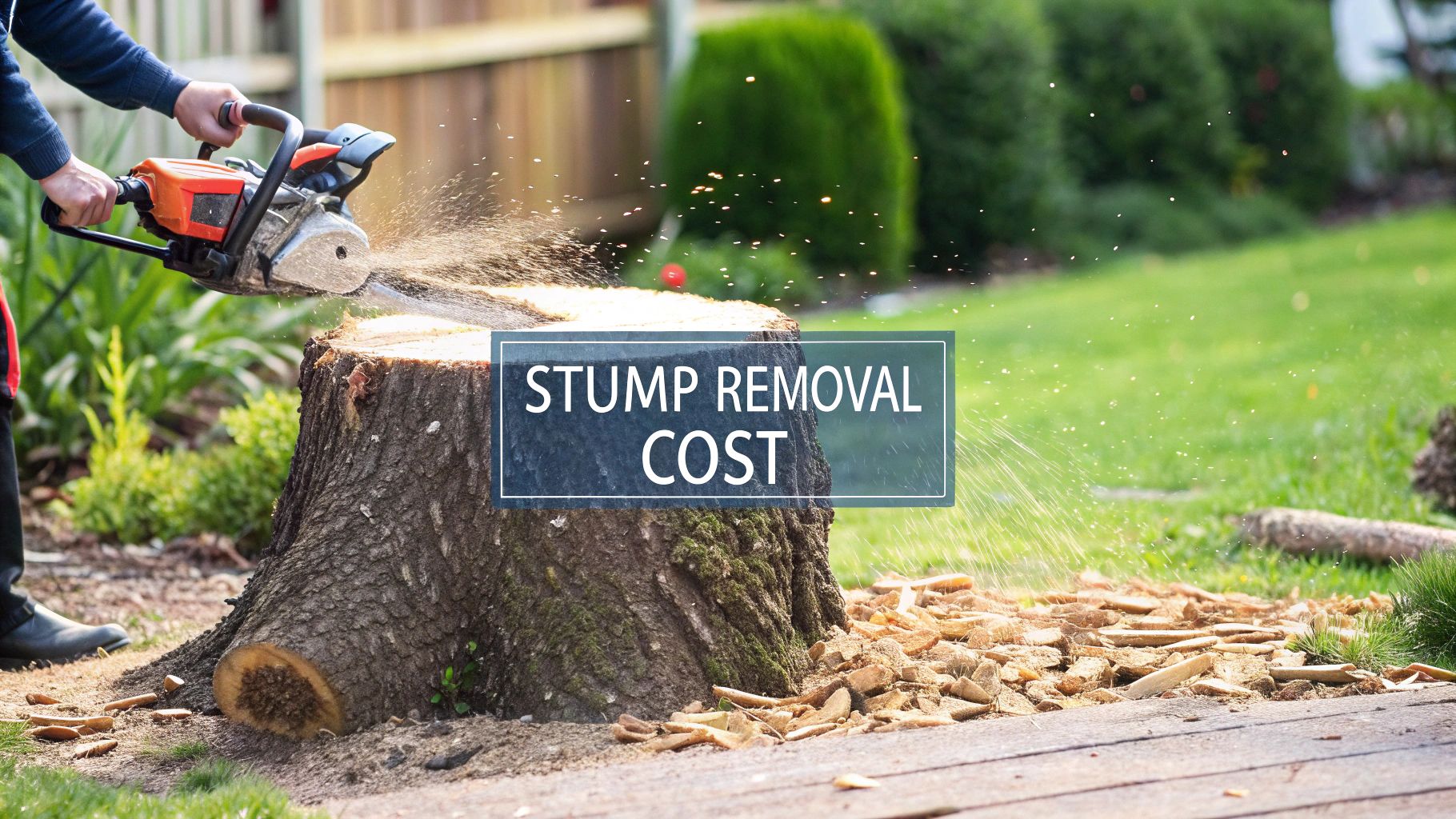 Work on a stump beginning. Workman holding a tool to begin the task of stump removal