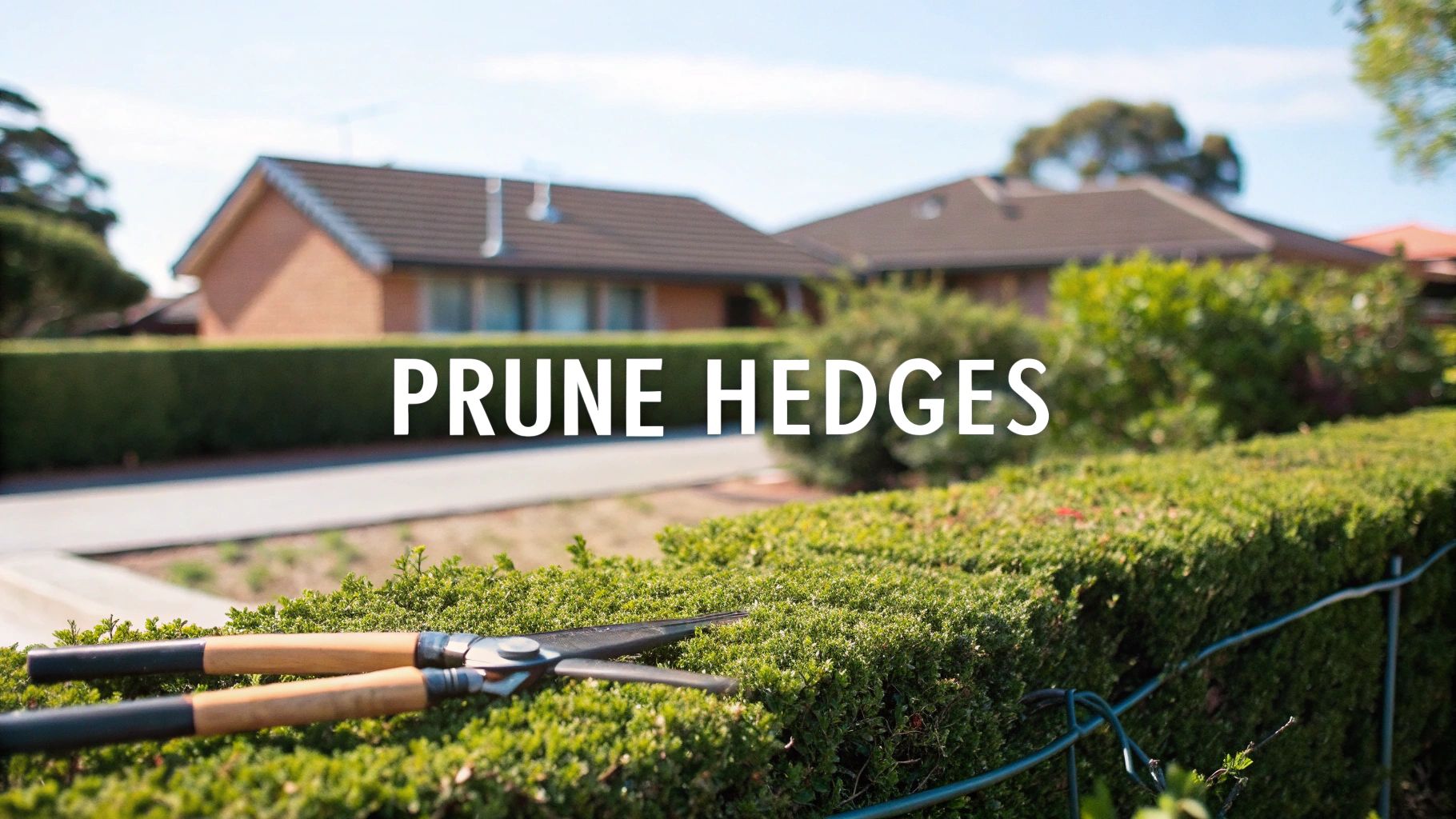 Hedge being neatly trimmed with garden shears in front of suburban houses, illustrating hedge pruning and maintenance.