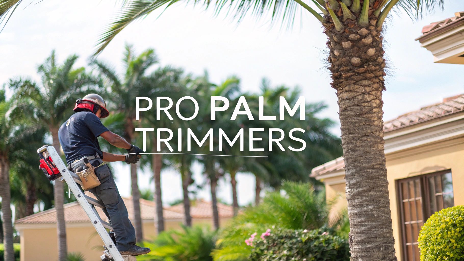 Worker in safety gear climbs a ladder to assess a palm tree.  Green trees in the background.