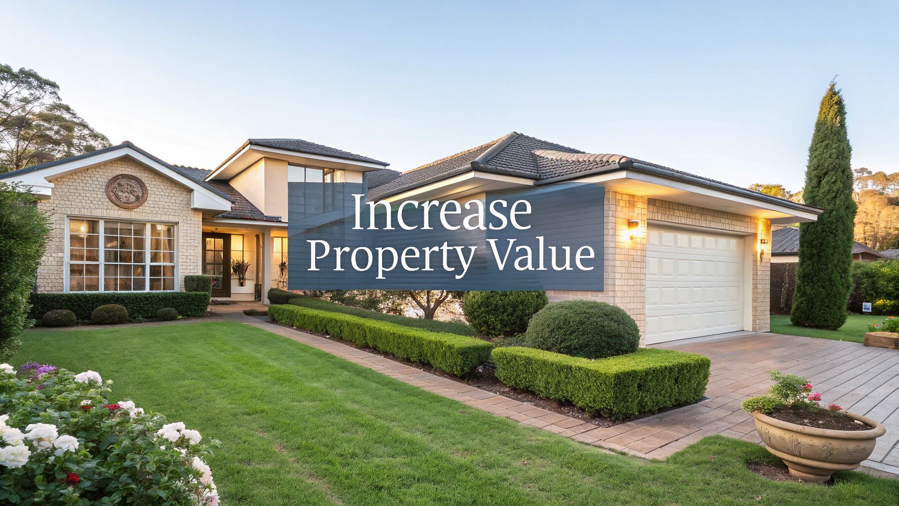 Modern house with lush lawn and garden.