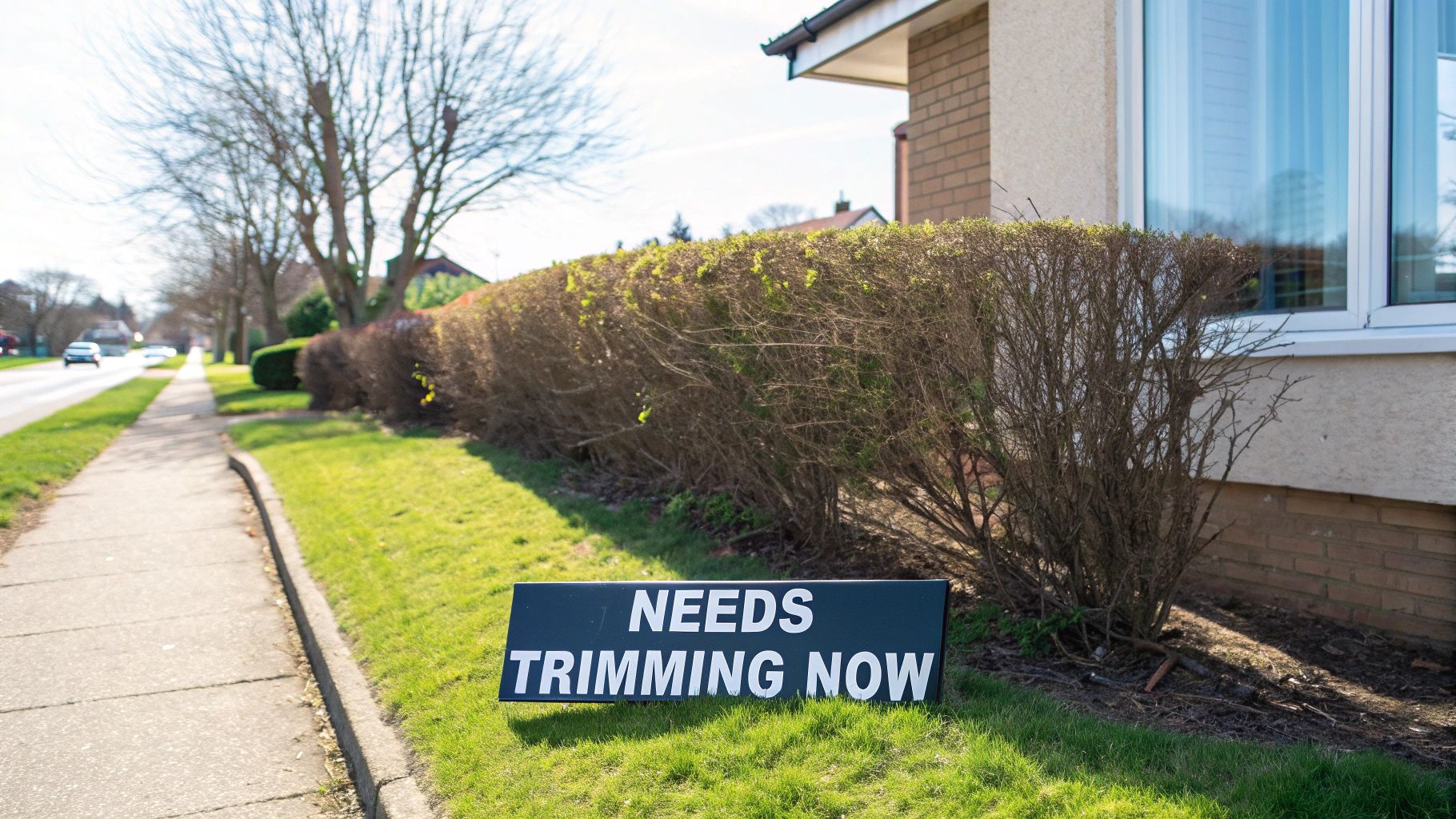 A black sign on a green lawn reads "NEEDS TRIMMING NOW" next to a dry, unkempt hedge in front of a house.