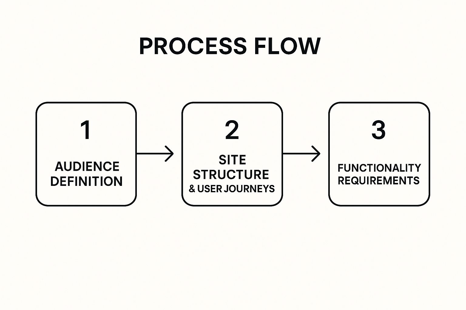Flowchart titled "Process Flow" with three steps: 1. Audience Definition, 2. Site Structure & User Journeys, 3. Functionality Requirements.
