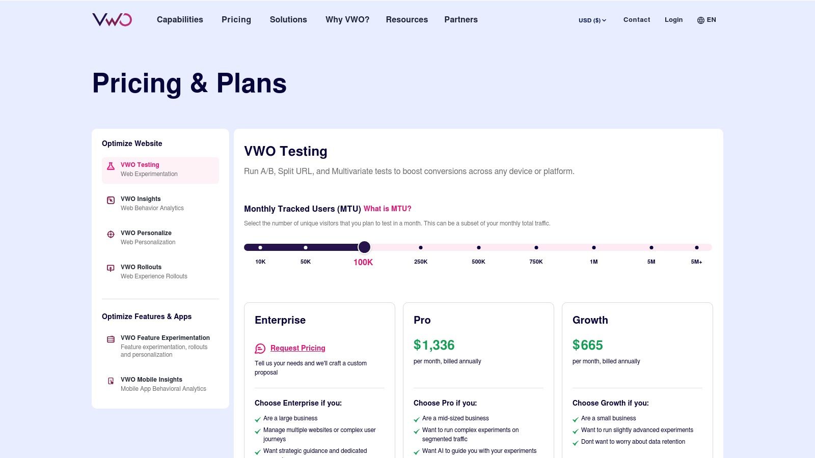 VWO pricing and plans page with sections for Enterprise, Pro, and Growth. Graph shows Monthly Tracked Users, highlighting 100K. Light blue backdrop.