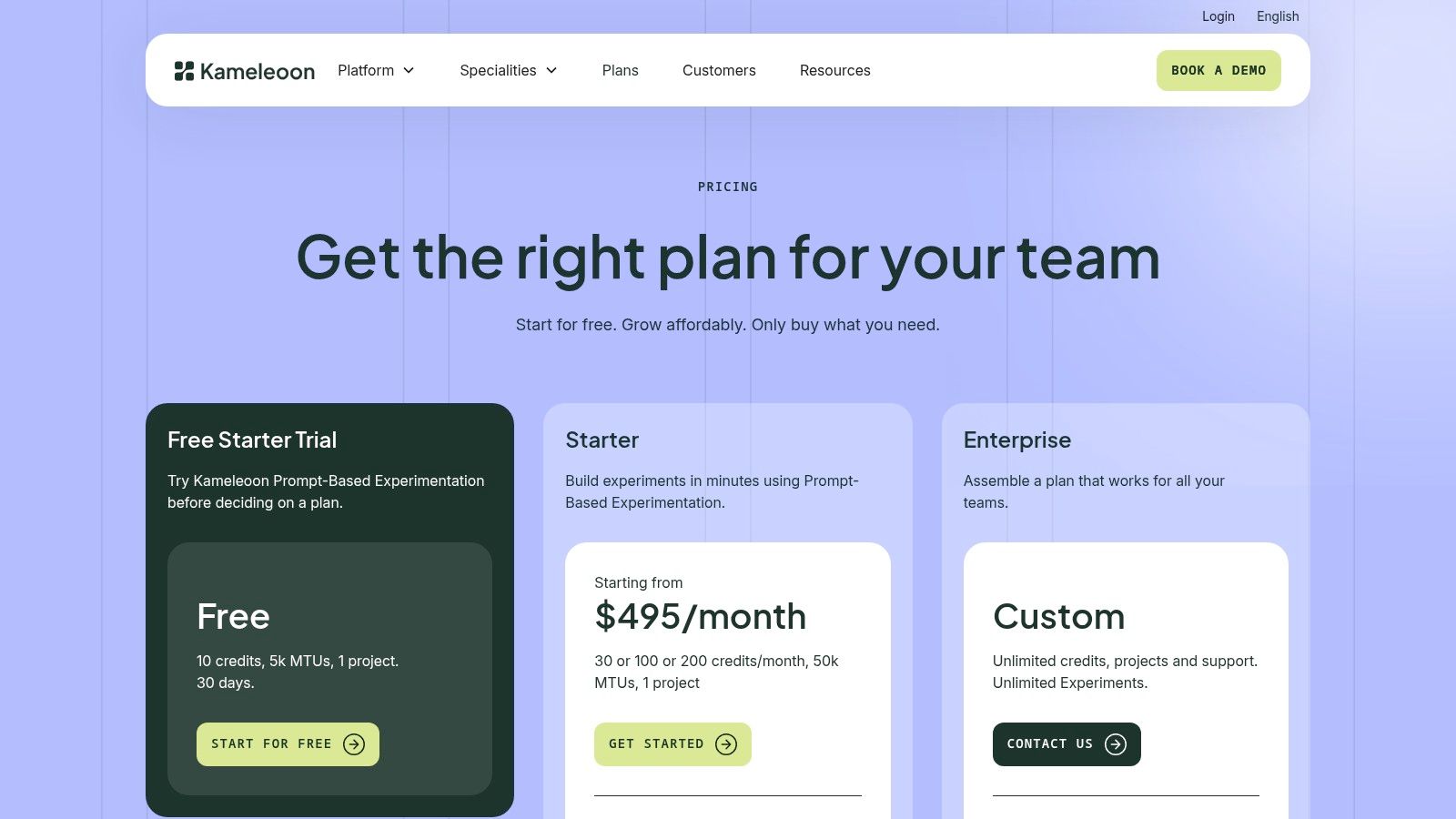 Website pricing page for Kameleoon with three plans: Free Starter Trial, Starter, and Enterprise. Prominent "Get the right plan" text.