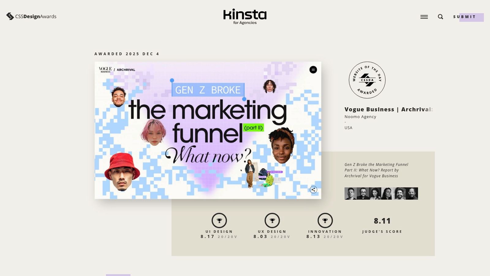 Screenshot of the CSS Design Awards website, showcasing various award-winning web designs in a grid layout with a focus on bold visuals and interactive elements.