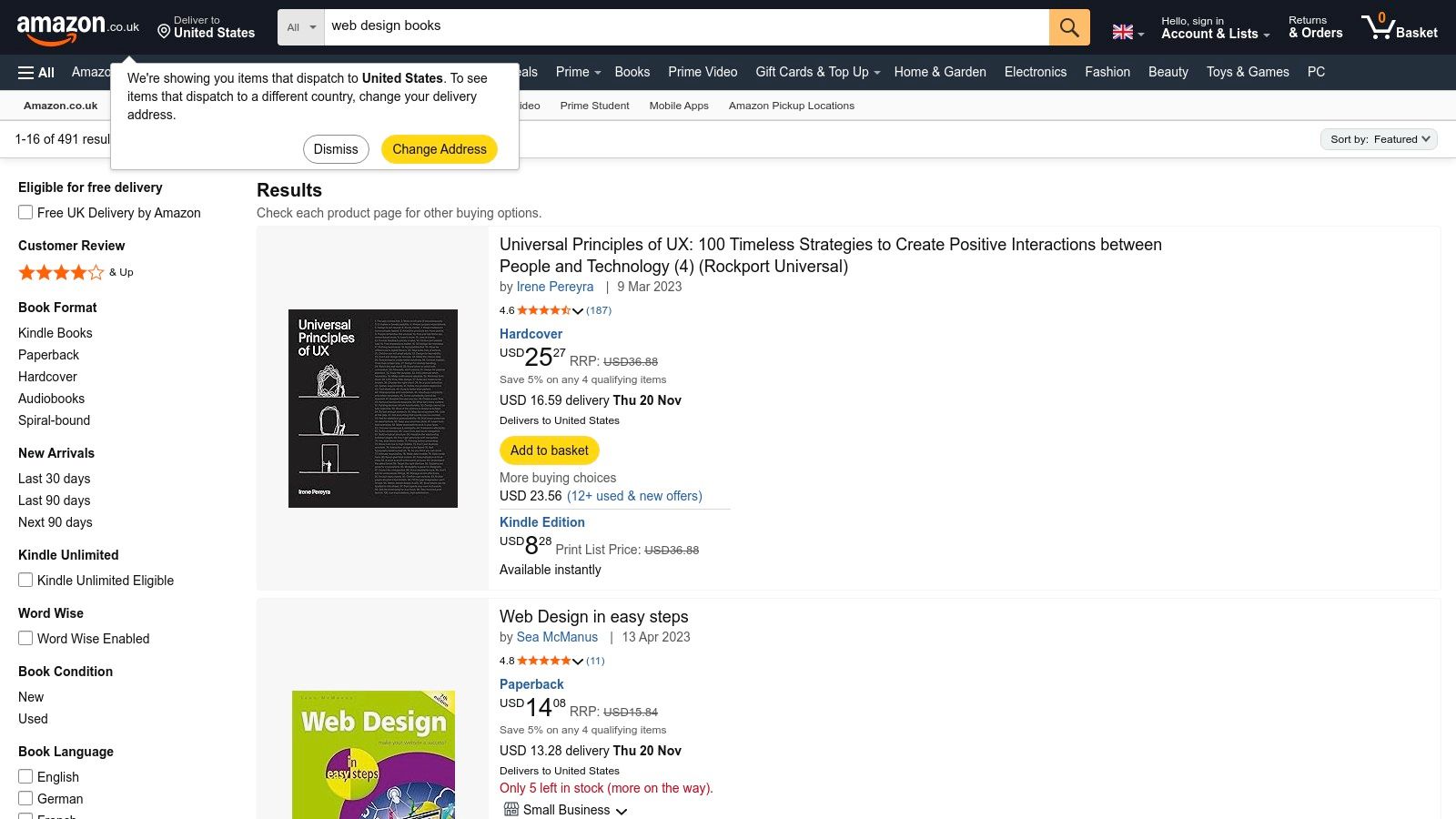 Amazon.co.uk (Web design books) showing a search results page for web design titles