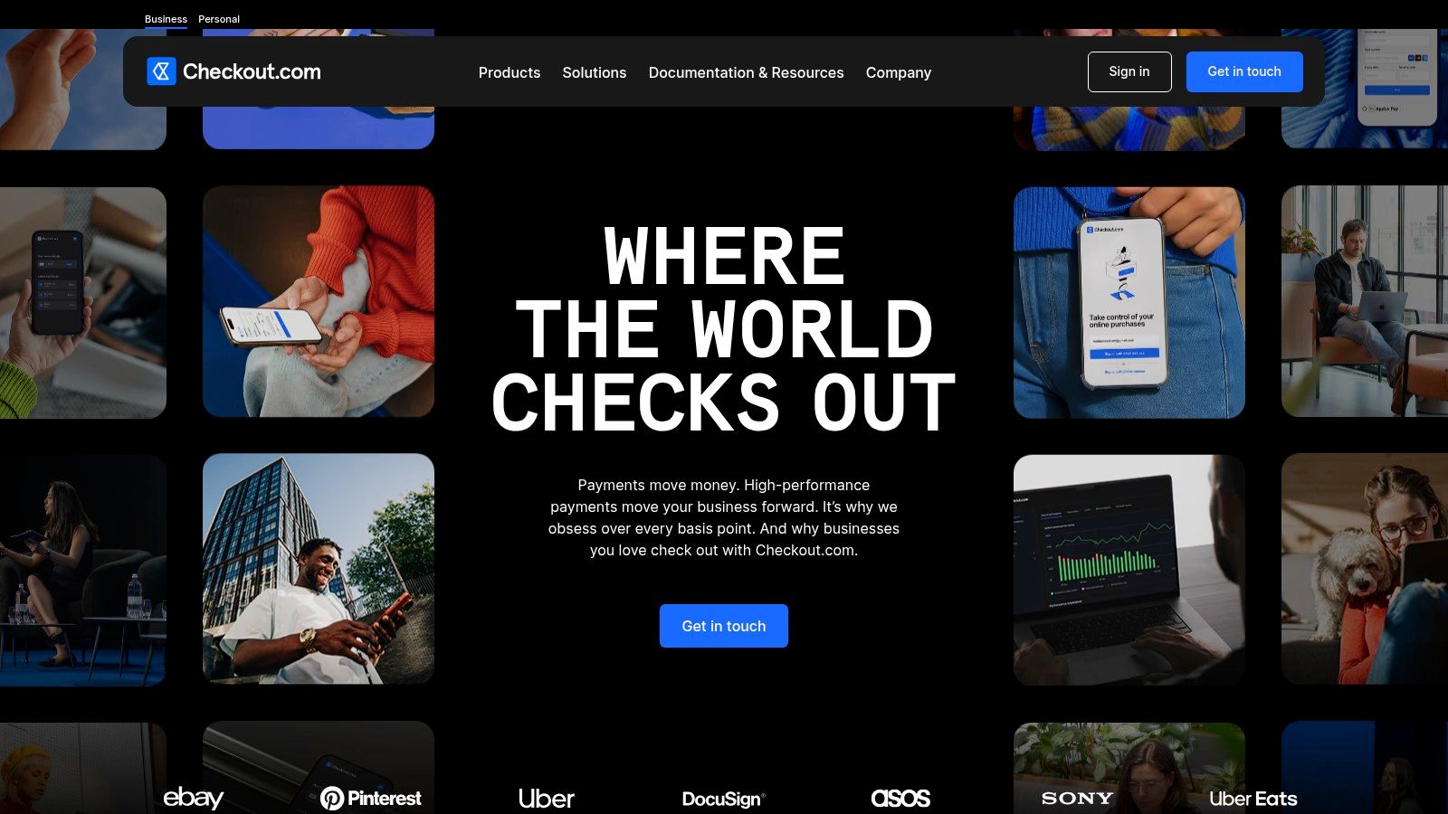 The homepage of Checkout.com, showing their focus on enterprise-level payment solutions for online businesses.