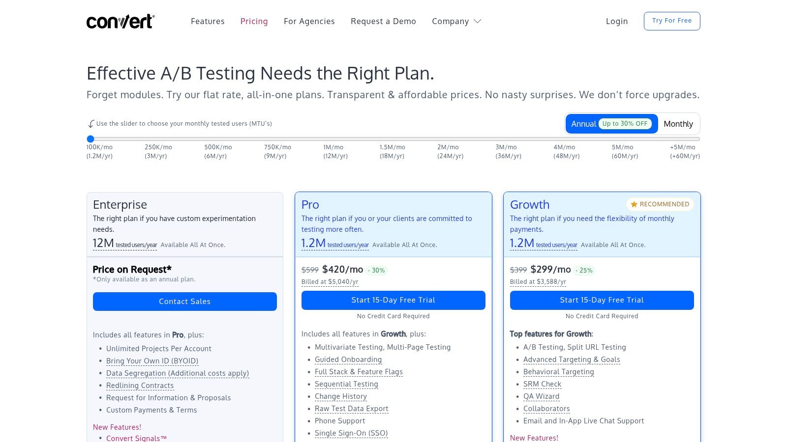 Convert pricing plans for A/B testing shown, offering Enterprise, Pro, and Growth. Options detail features, costs, and discounts.