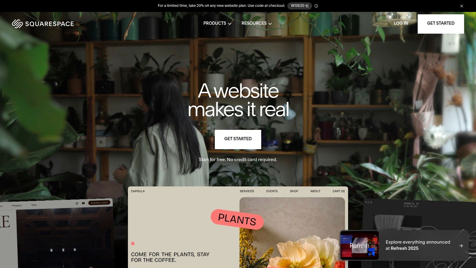 Woman in plant-filled room; text: "A website makes it real." Offers include 20% off. Buttons: Get Started, Log In. Mood: Creative and inviting.