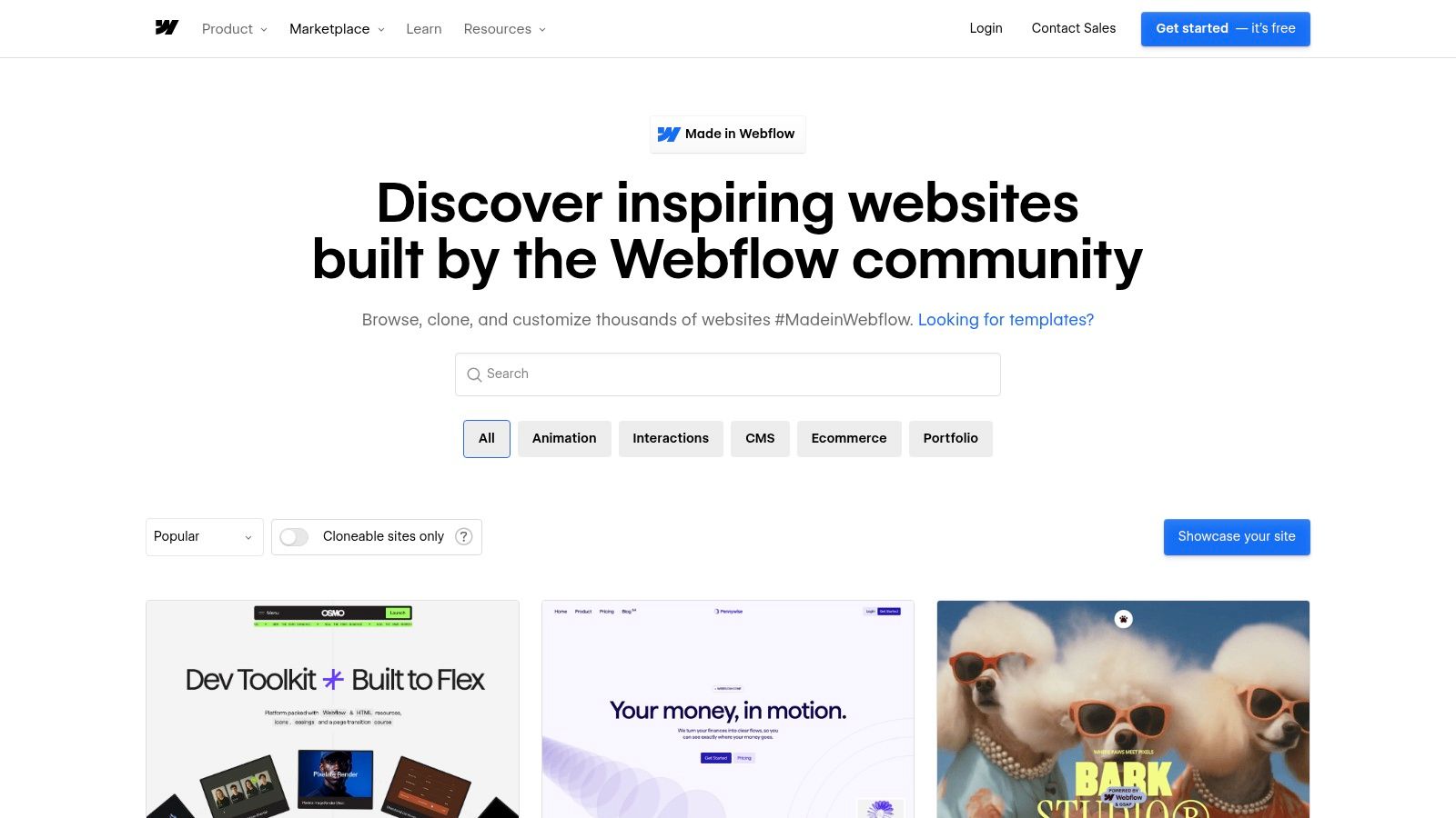 Made in Webflow website showcasing cloneable website templates and designs