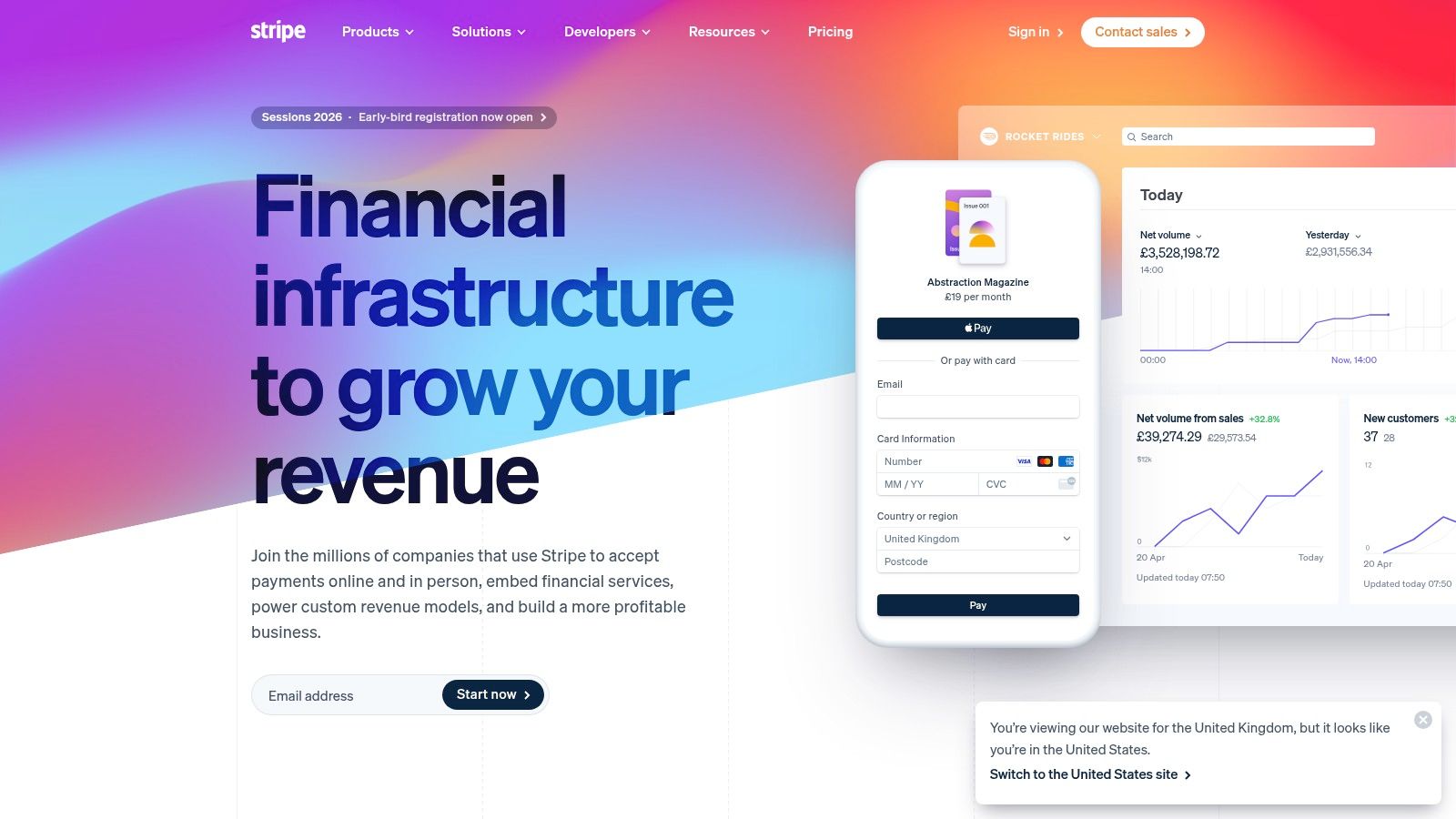 A user dashboard view of Stripe, showing payment analytics and recent transactions for an ecommerce business.