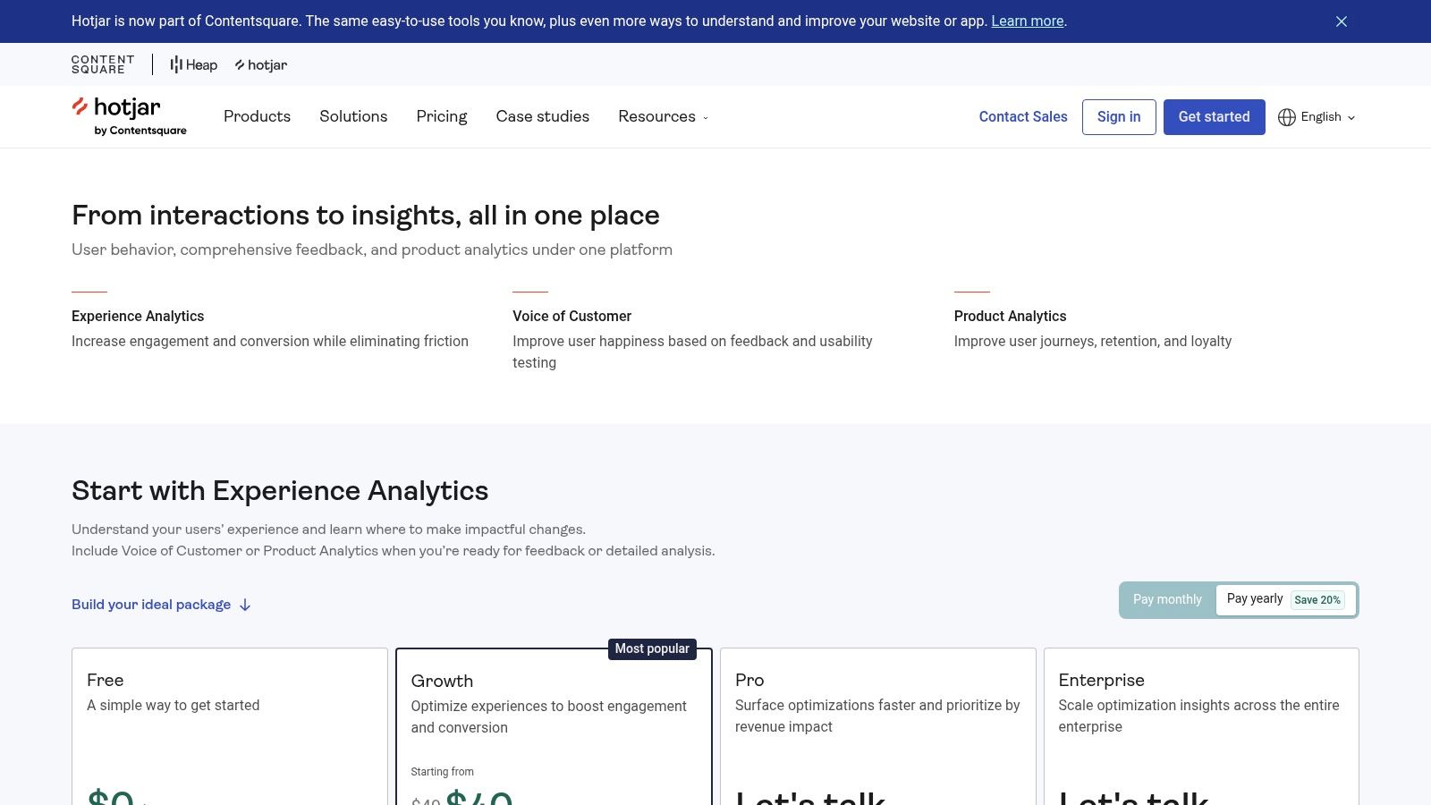 Analytics webpage with white background. Features product options: Free, Growth, Pro, Enterprise. "Most popular" label on Growth. Sign-in buttons.