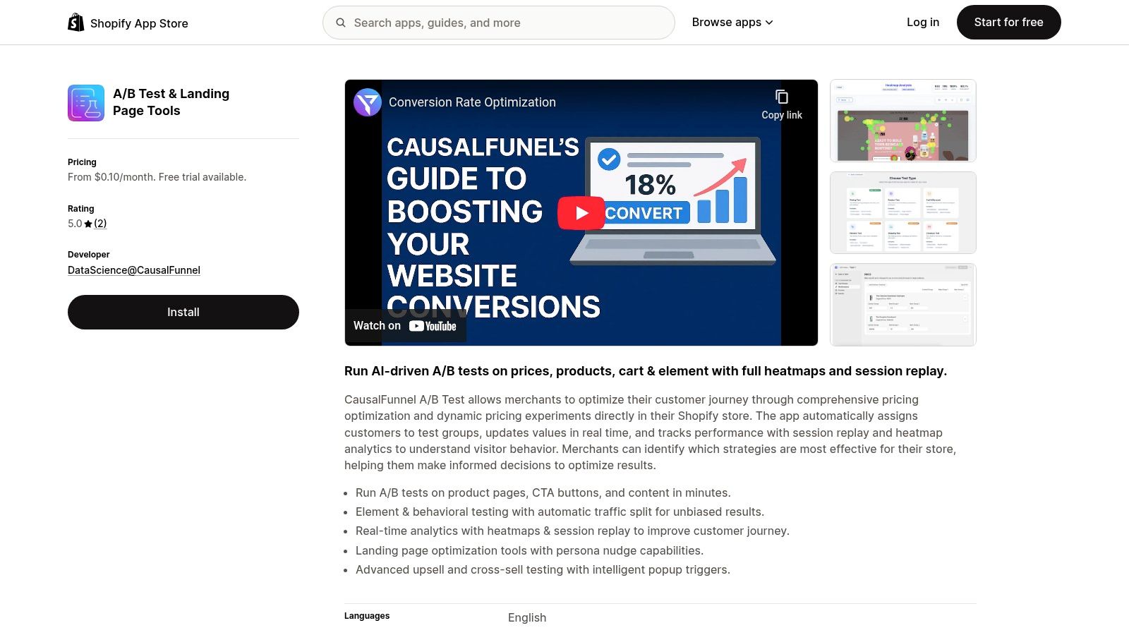 Shopify app store page for "A/B Test & Landing Page Tools" by CausalFunnel. Features, pricing, and video thumbnail with a guide to boosting conversions.