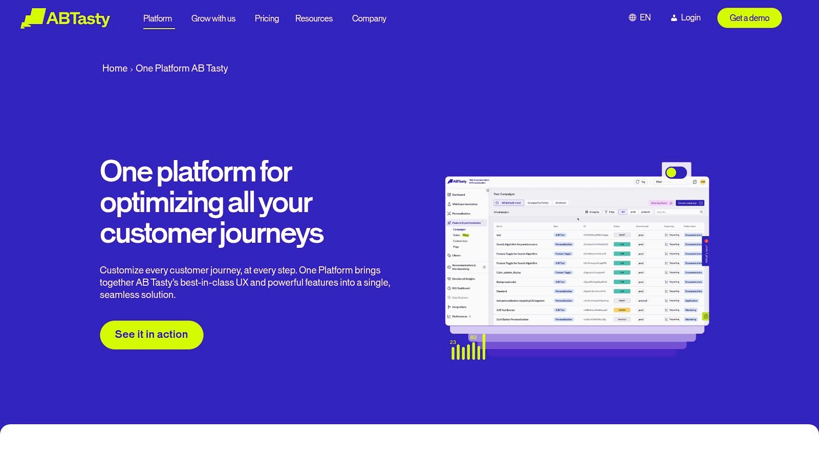 Blue webpage for AB Tasty, featuring text on optimizing customer journeys. Includes a yellow "Get a demo" button and a dashboard screenshot.