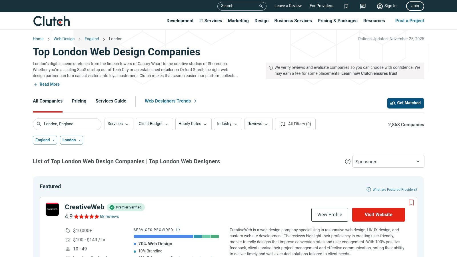 A screenshot of the Clutch website showing a list of top web design agencies in London with filters and ratings.