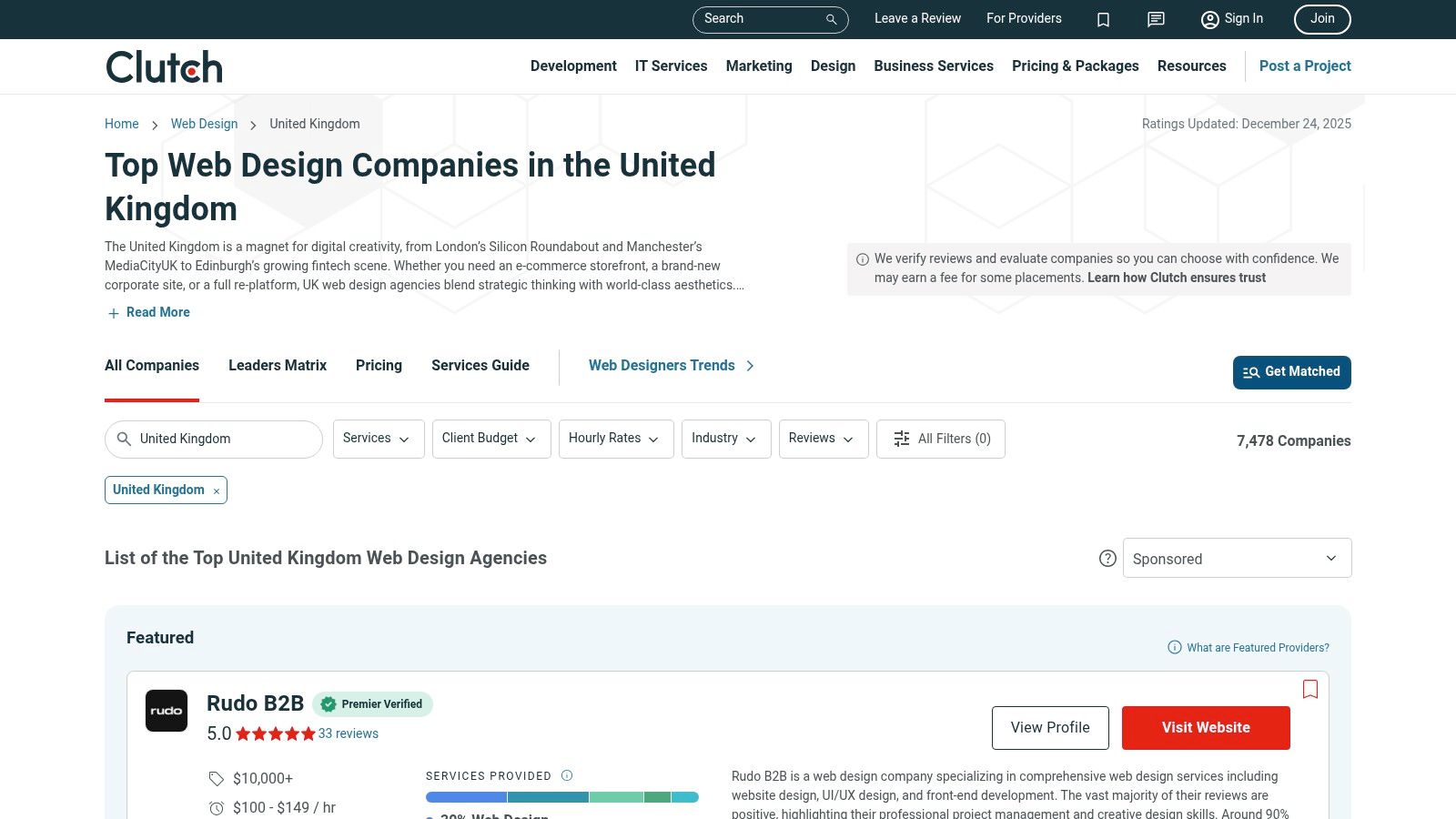 Clutch UK web design agency listings