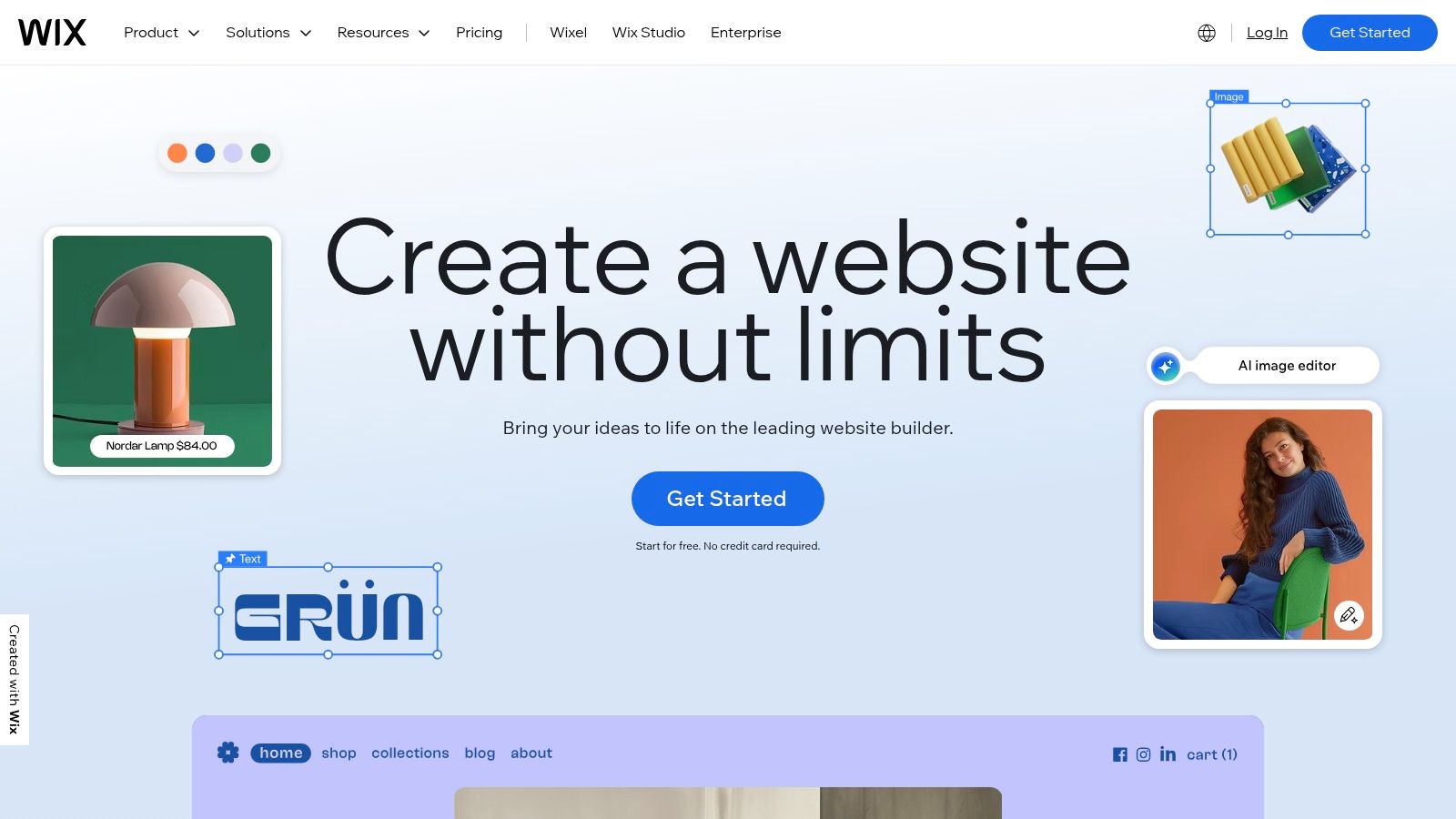 Wix website builder ad with "Create a website without limits" text, a lamp priced $84, and a smiling woman in blue against an orange backdrop.