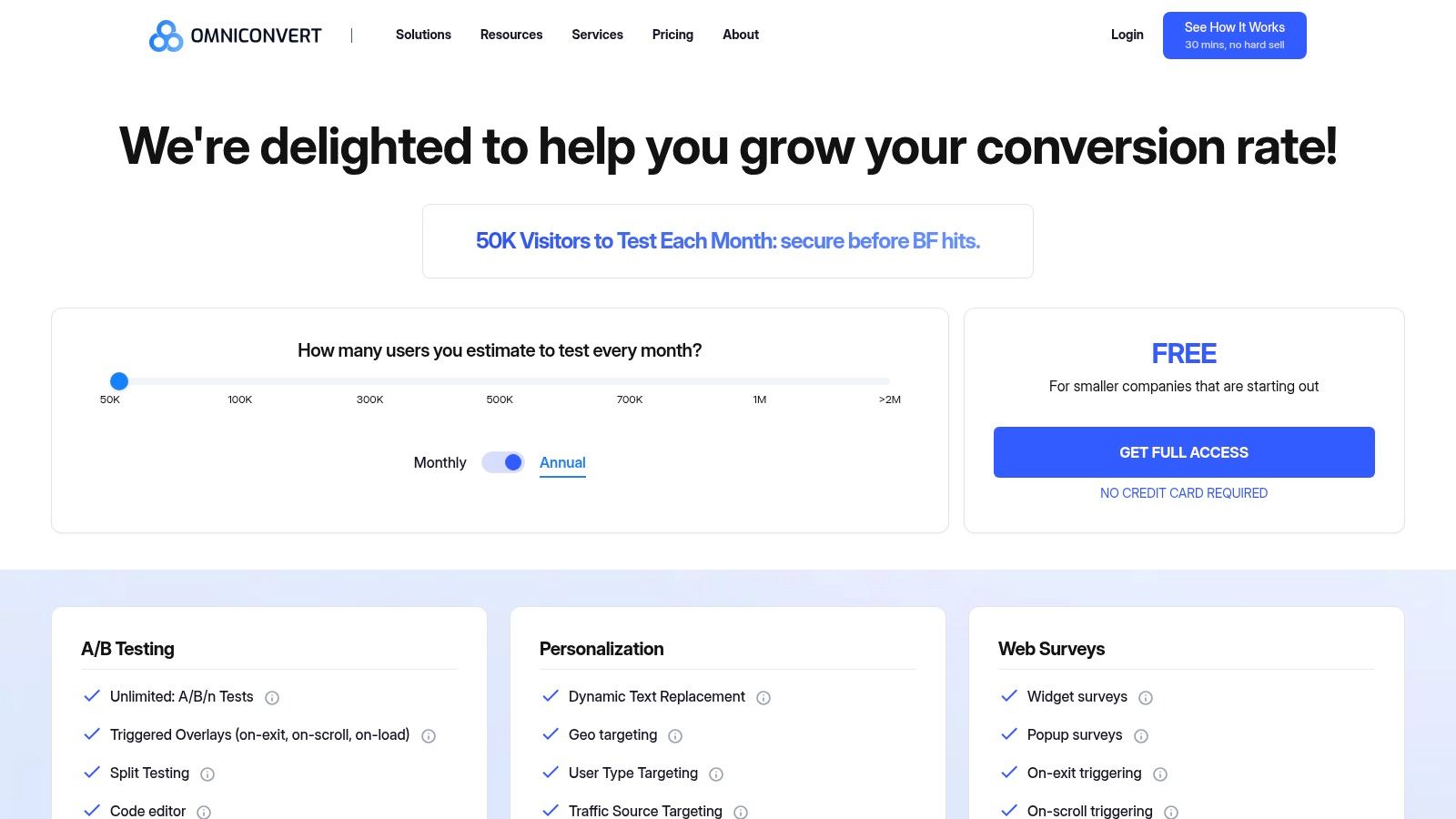 Webpage promoting OmniConvert services. Text: "We're delighted to help you grow your conversion rate!" Options for A/B testing, personalization, surveys. Blue accents.