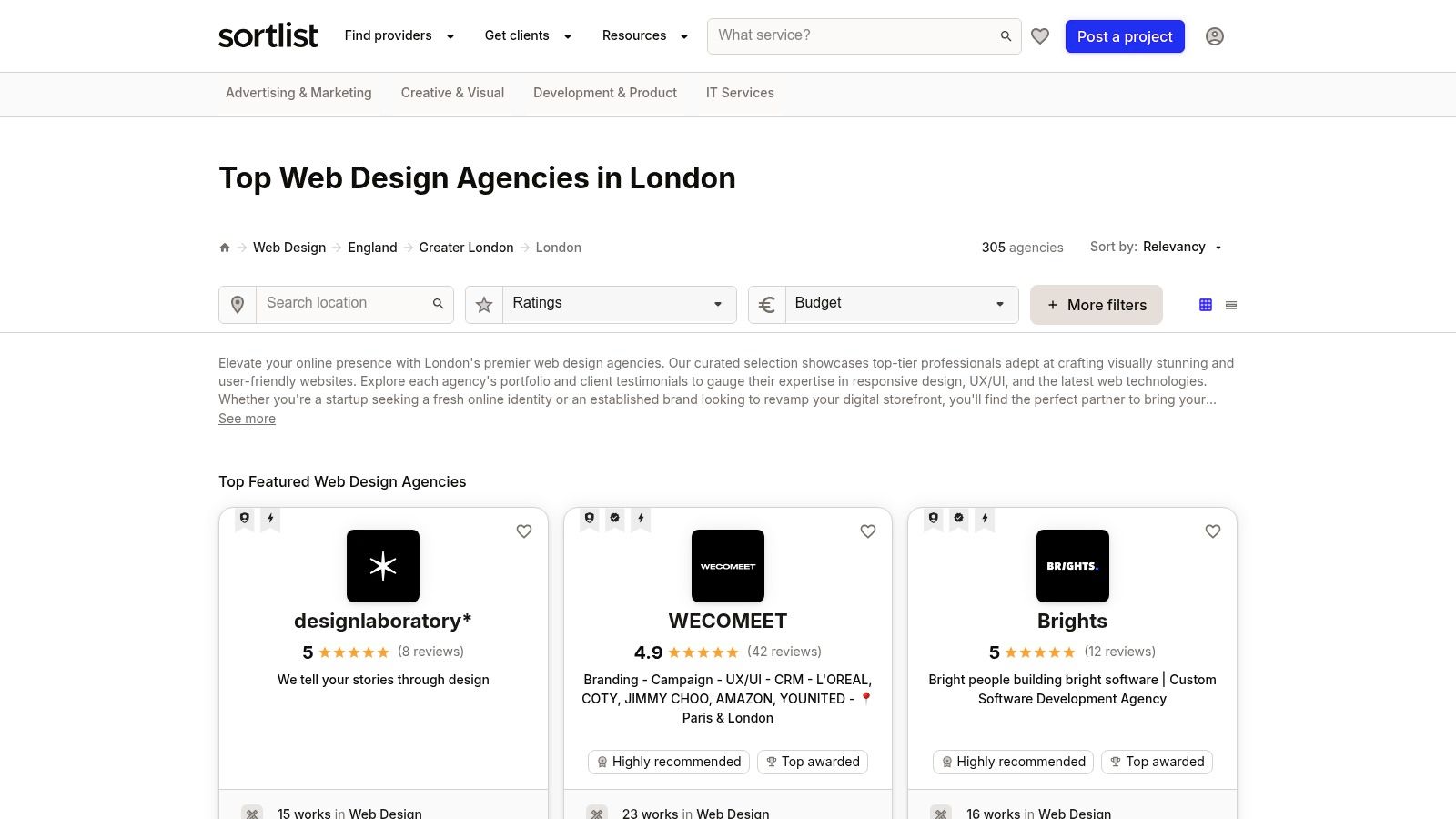 A screenshot of the Sortlist website showing its project posting interface and a list of London-based web design agencies.