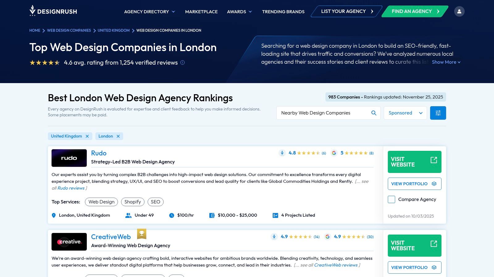 A screenshot of the DesignRush website showcasing a curated list of web design companies in London, with filters for services and budget visible.