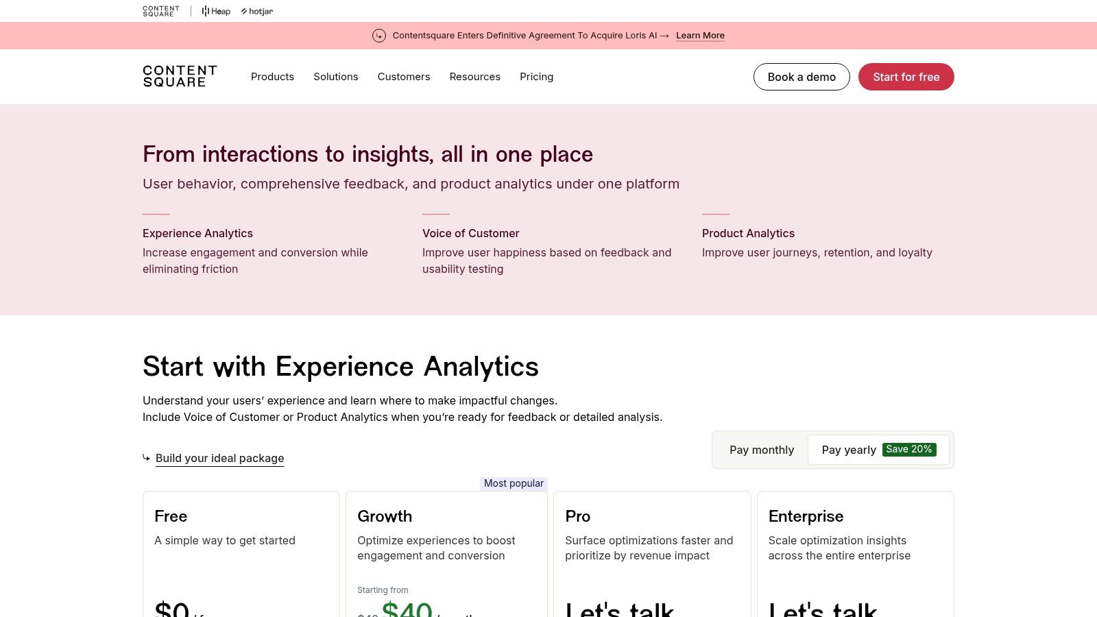 Website for Contentsquare's analytics tools. Includes descriptions of services, pricing options, and buttons for booking demos or signing up.