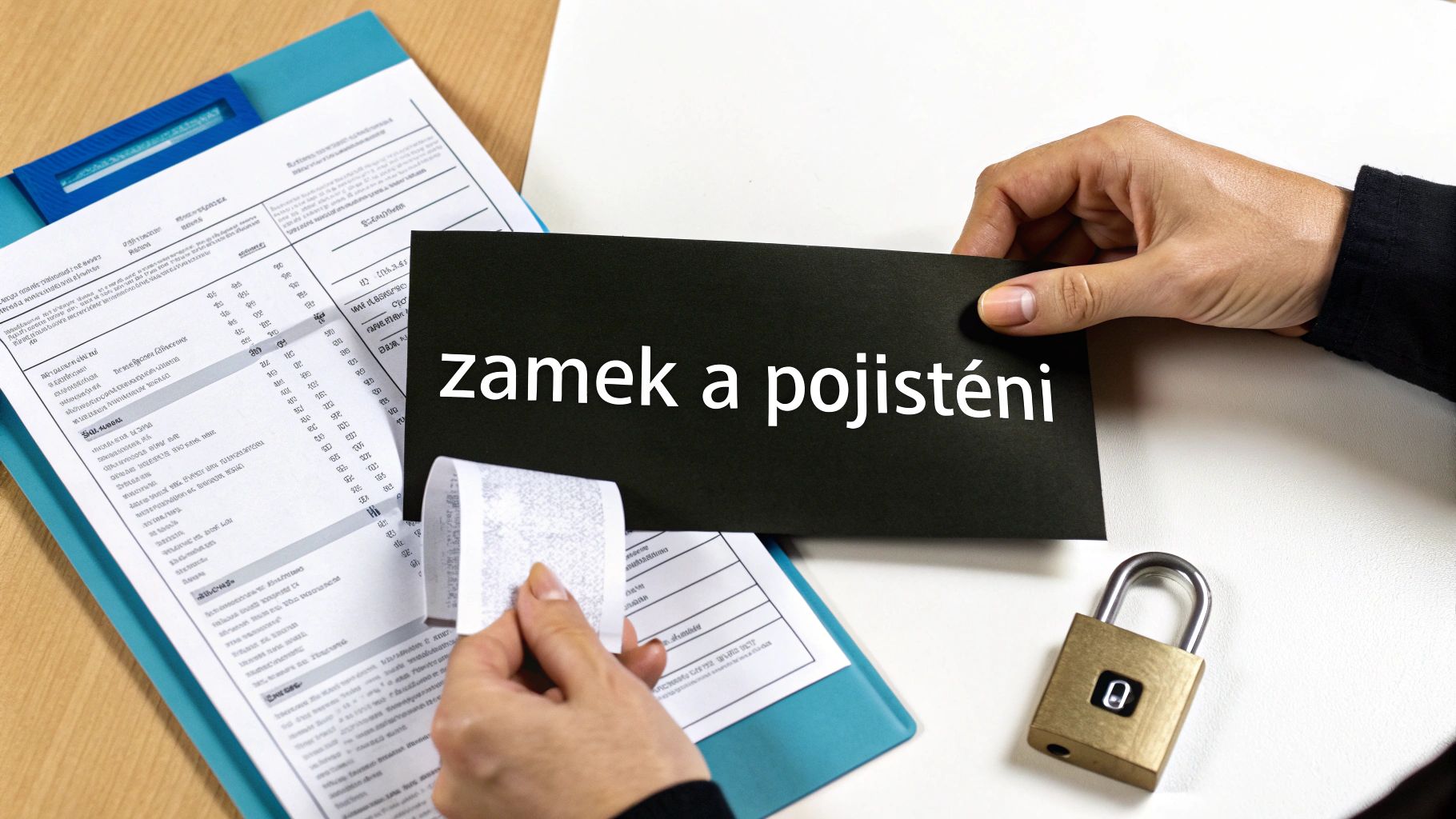 Ruce drží černou kartu s textem 'zamek a pojištění' na stole s dokumenty a visacím zámkem.