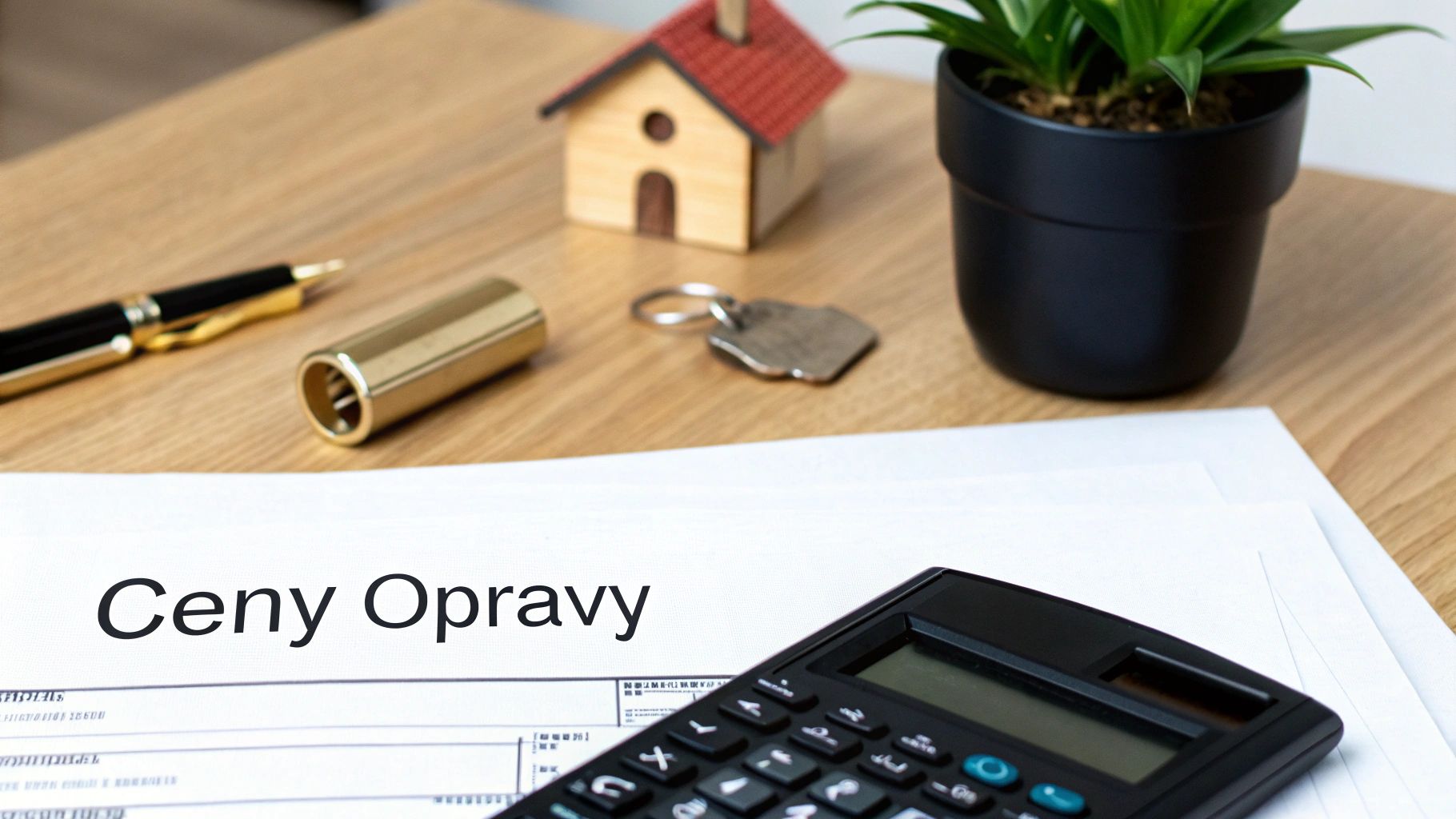 Dokument Ceny Opravy s kalkulačkou, perem, modelem domu a klíčem na dřevěném stole.