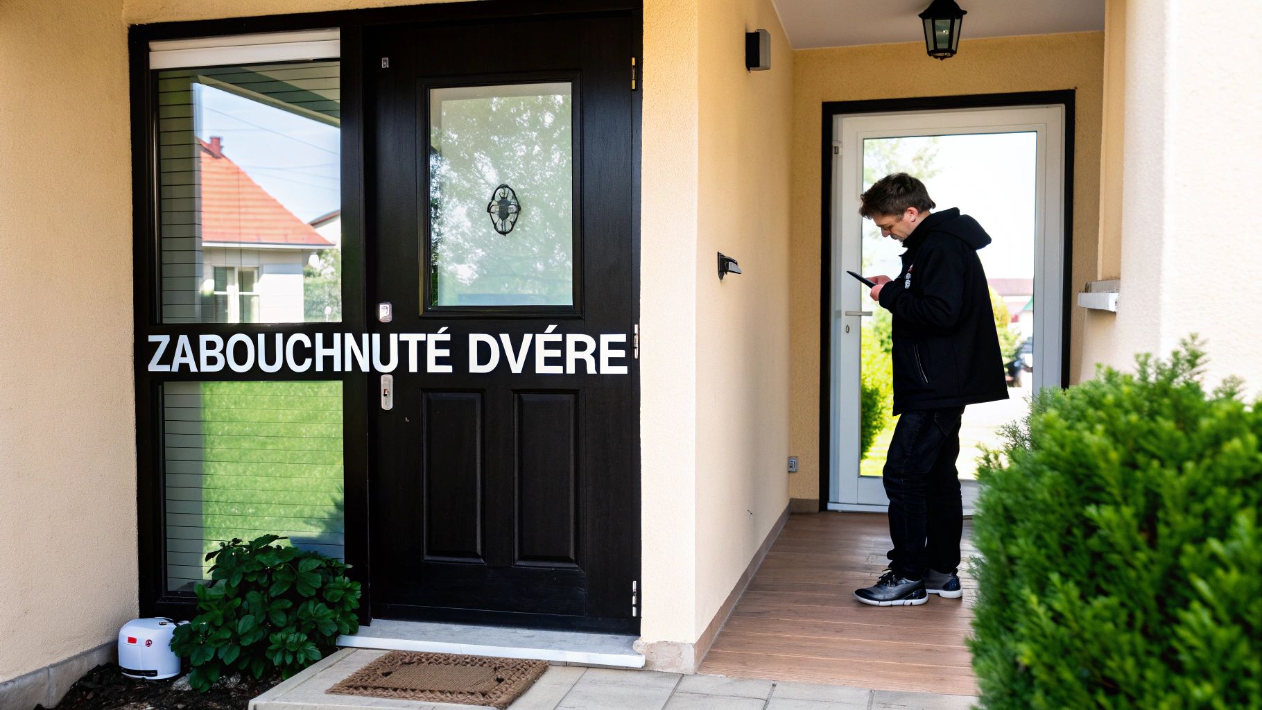 Mladý muž stojí před vchodovými dveřmi s nápisem ZABOUCHNUTÉ DVEŘE a dívá se do telefonu.