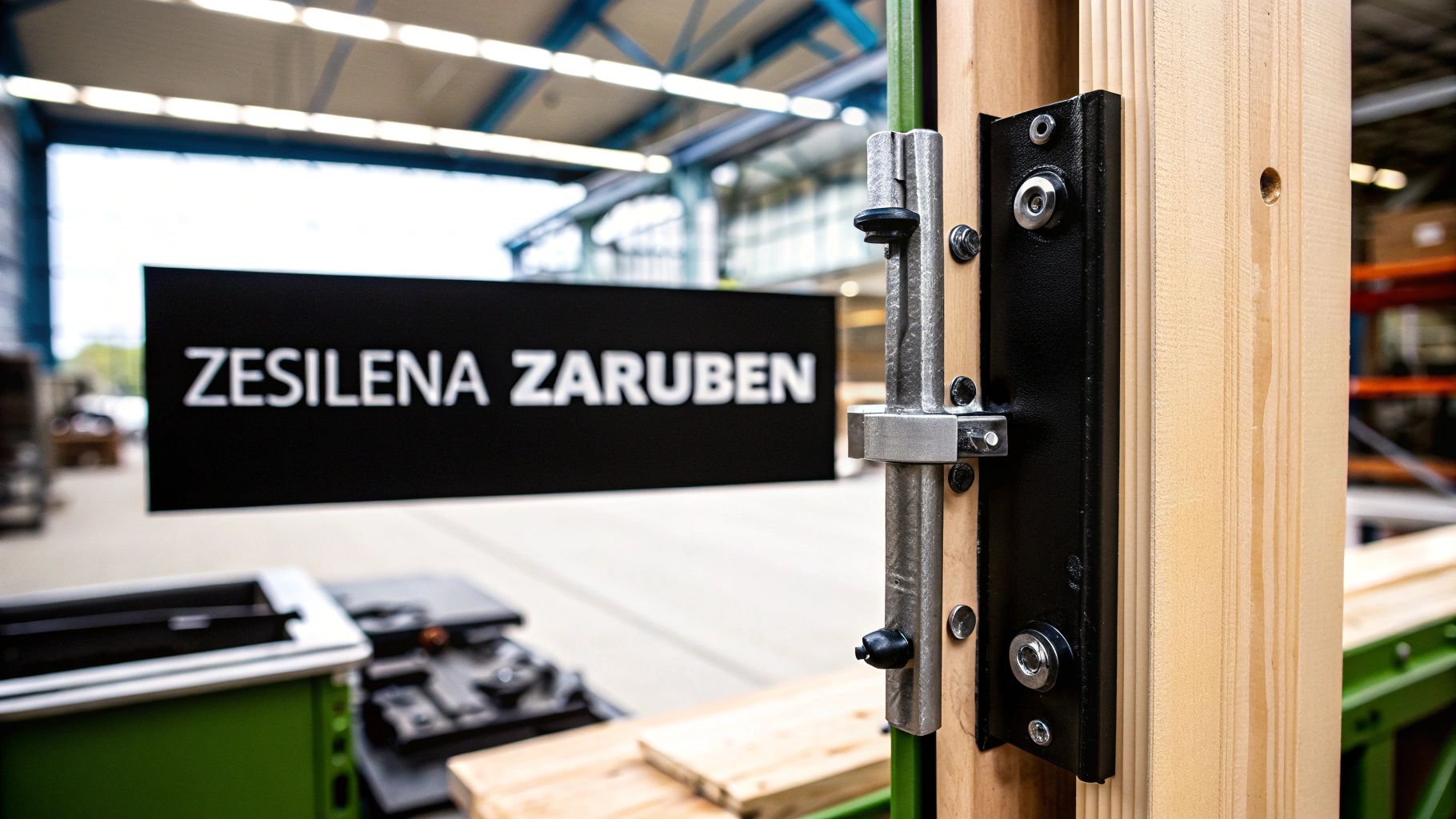 Detailní záběr na masivní bezpečnostní mechanismus na dřevěné zárubni s nápisem ZESILENA ZARUBEN v pozadí.