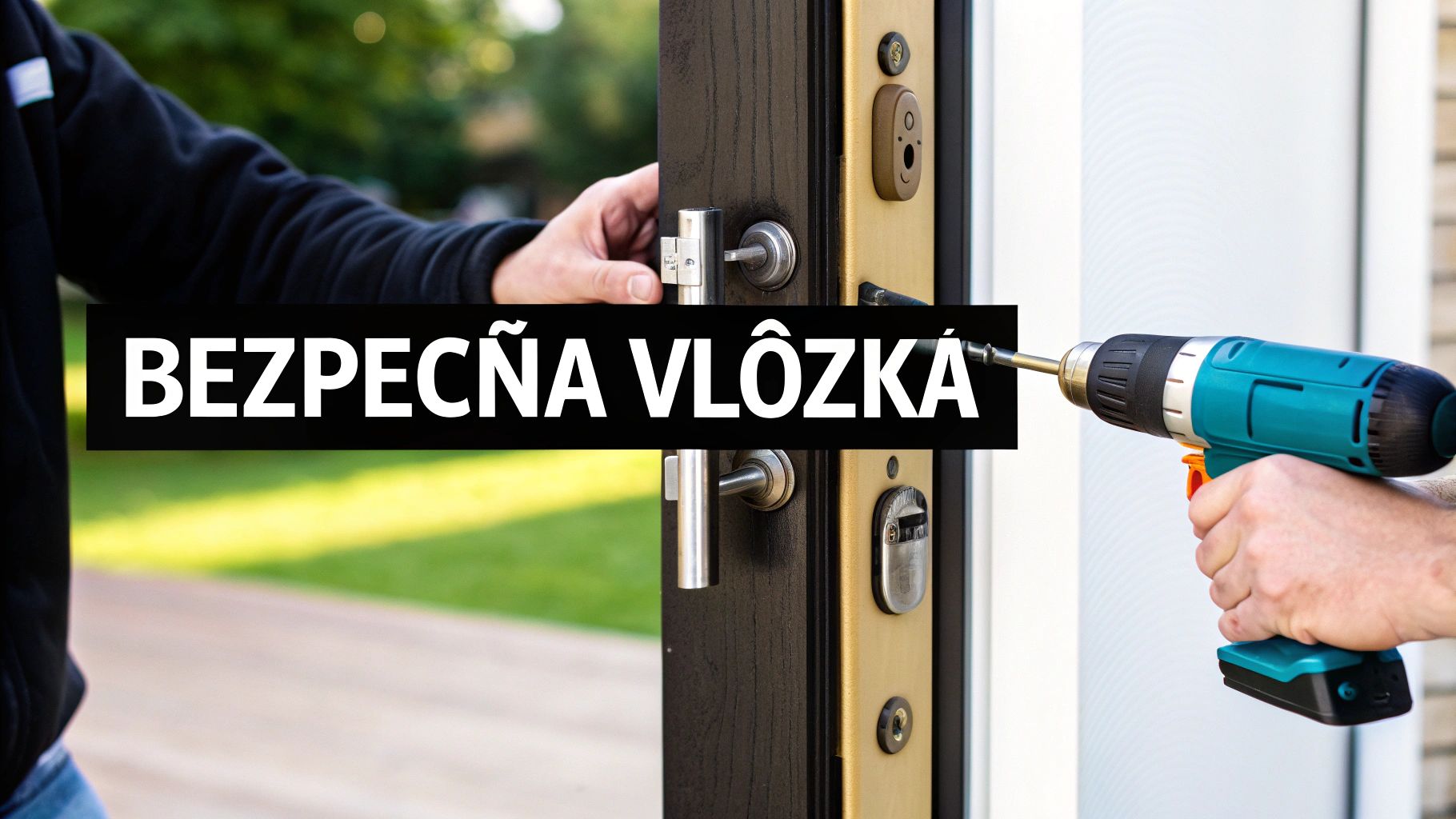 Detailní záběr osoby, která instaluje bezpečnostní vložku do dveří bytu pomocí vrtačky.