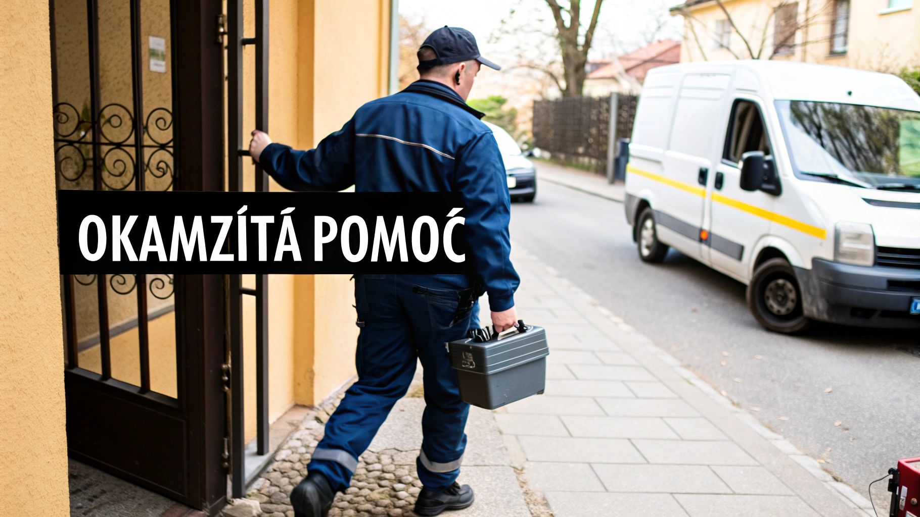 Profesionální zámečník v modré uniformě vstupuje do dveří domu s nástrojovou brašnou v Praze