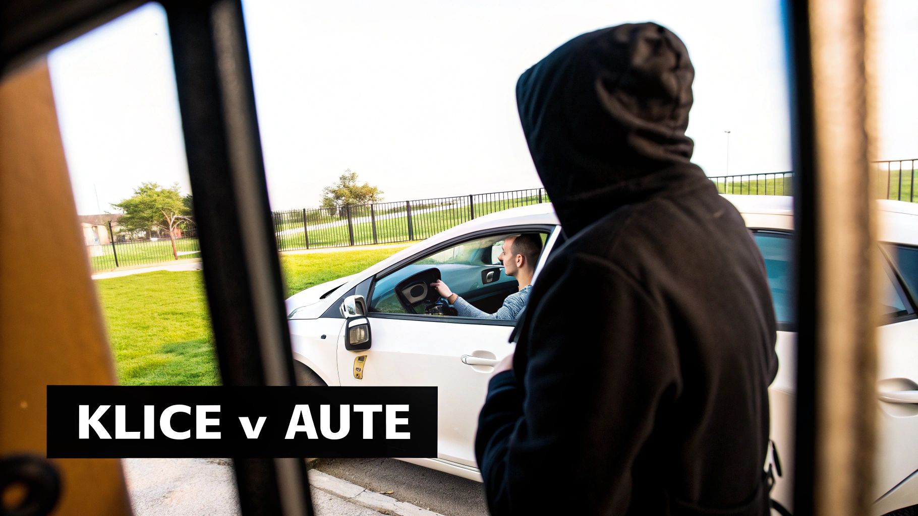 Osoba v černé mikině s kapucí se dívá na muže sedícího v bílém autě s nápisem Klíče v aute.